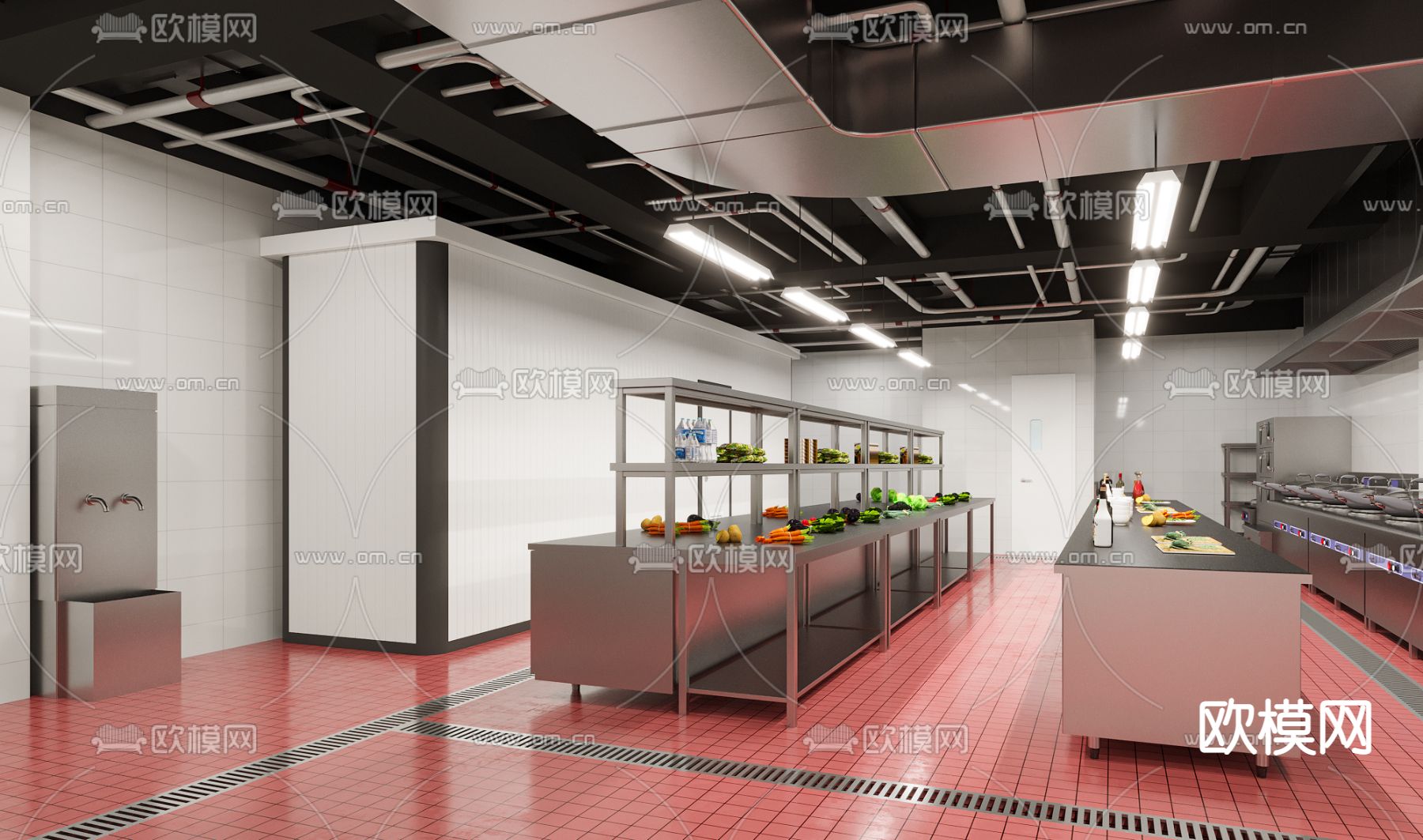 现代餐厅中央厨房3d模型下载（渲染图1）
