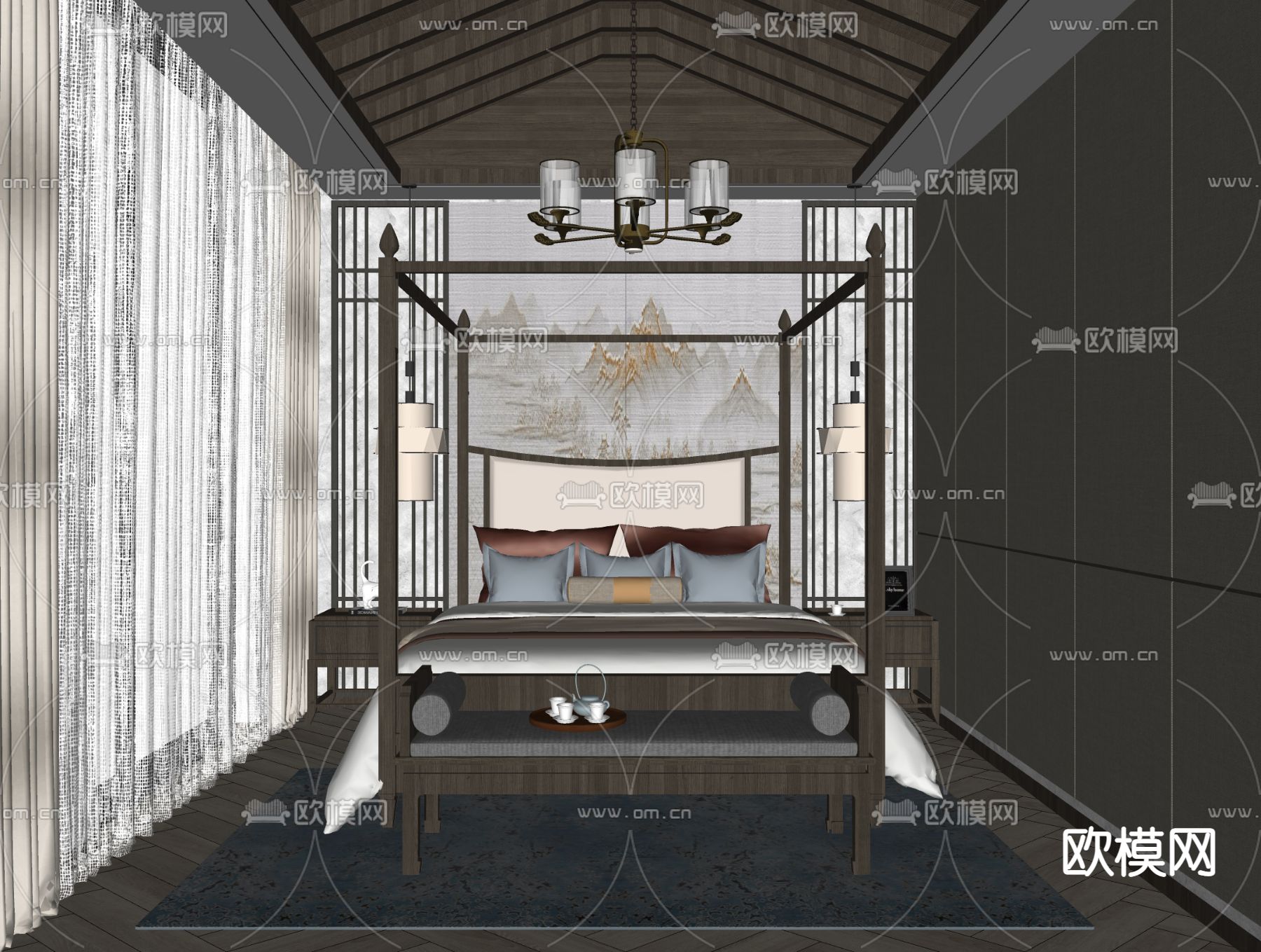新中式卧室su模型下载（渲染图2）