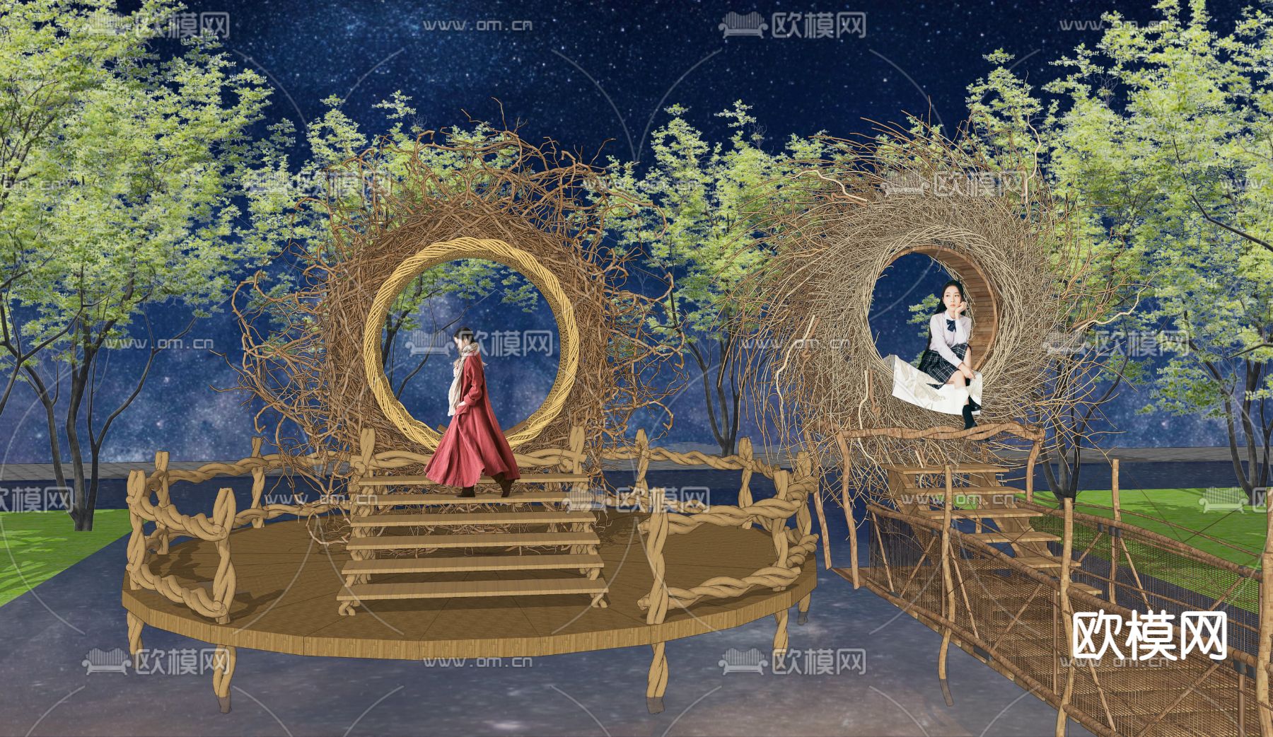 现代藤编鸟巢小品su模型