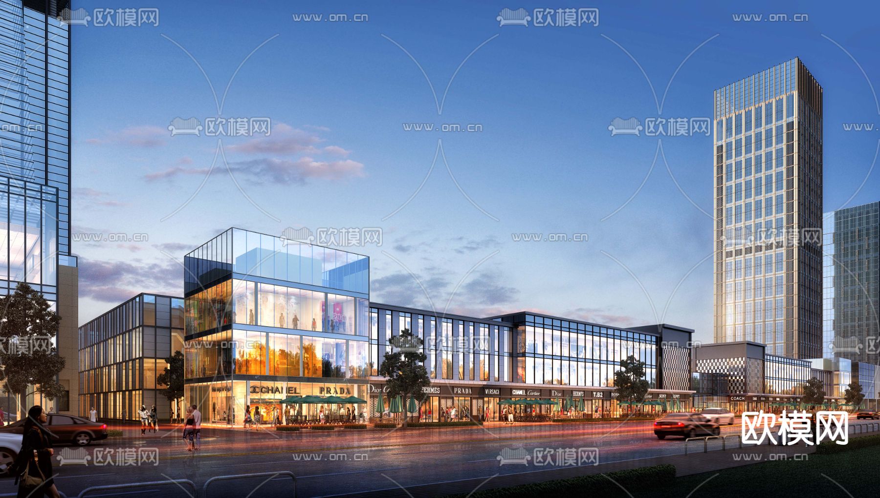 现代商业办公楼夜景建筑外观3d模型下载