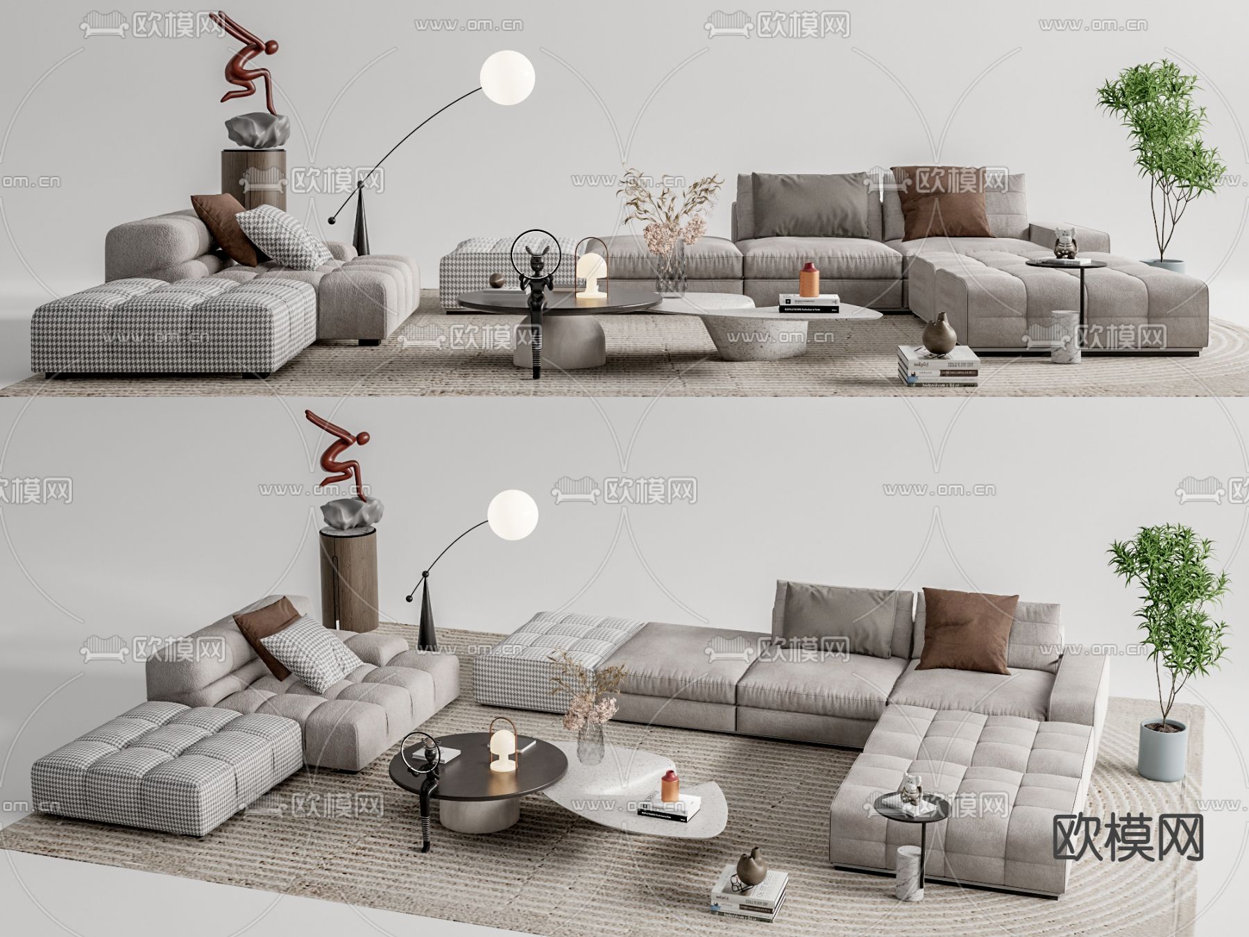 侘寂布艺转角沙发su模型下载（渲染图1）
