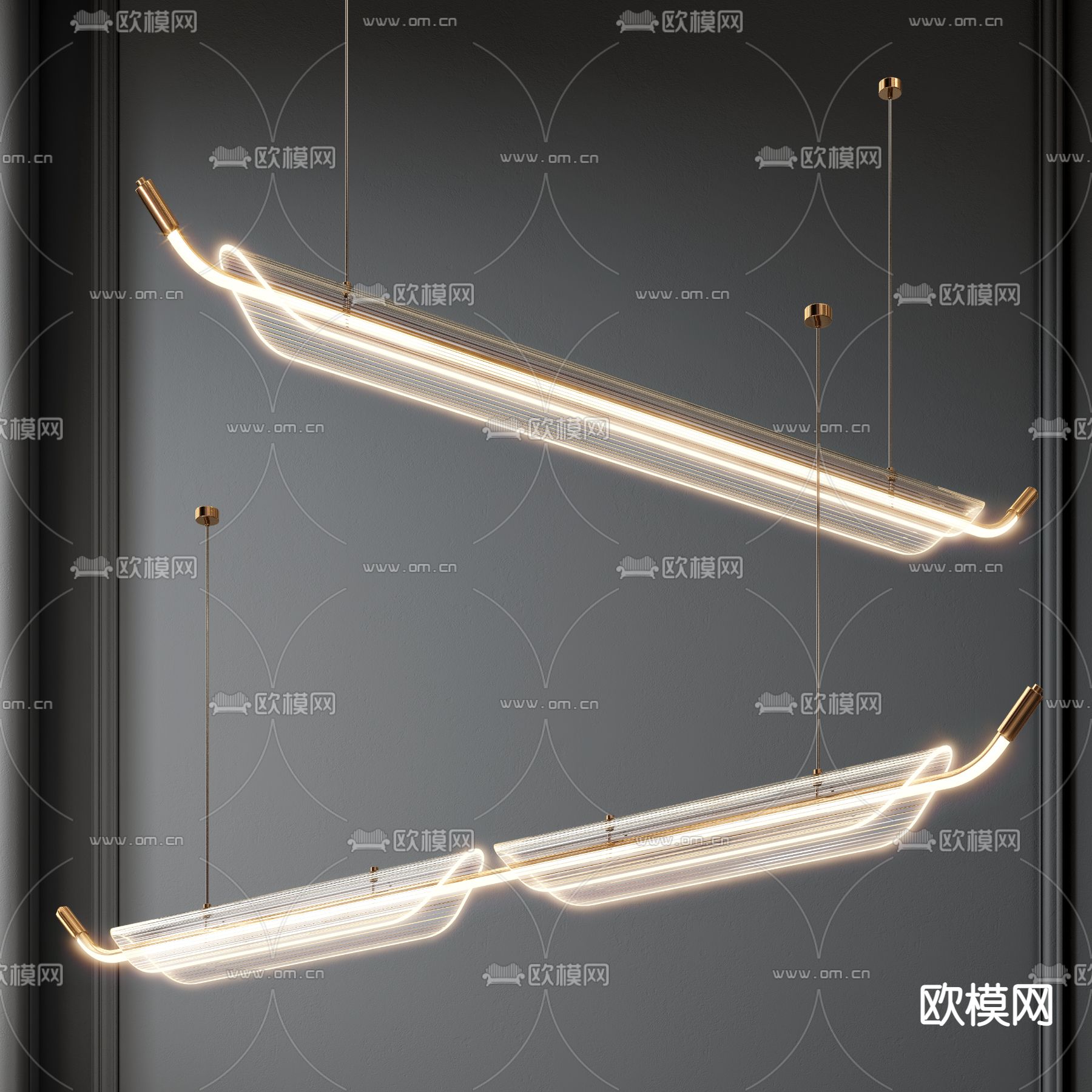 现代线性玻璃办公吊灯3d模型下载