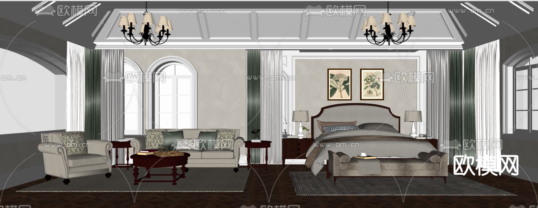 欧式古典卧室su模型下载（渲染图2）