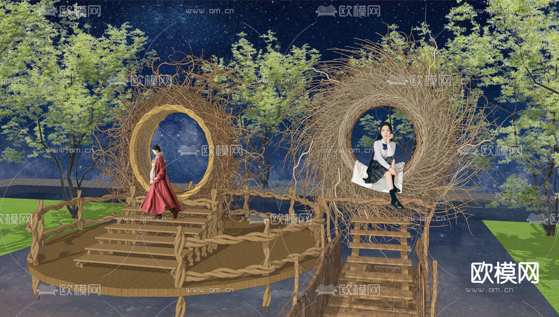 现代藤编鸟巢小品su模型