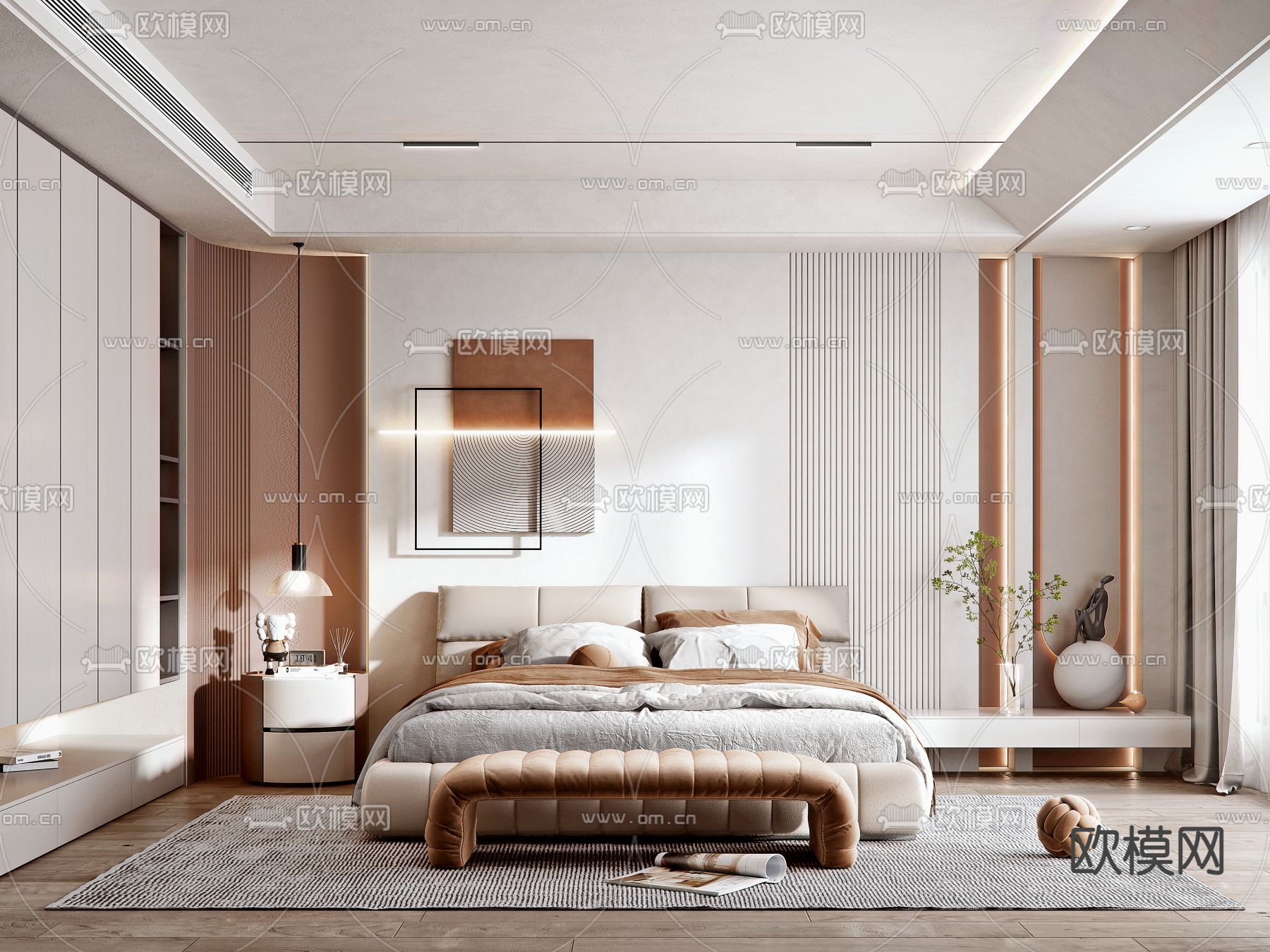 现代轻奢卧室su模型下载（渲染图1）
