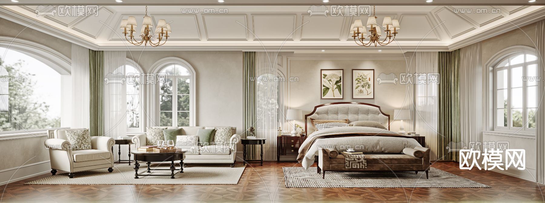 欧式古典卧室su模型下载（渲染图1）