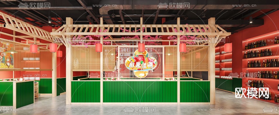 新中式國(guó)潮火鍋店3d模型下載(渲染圖2)