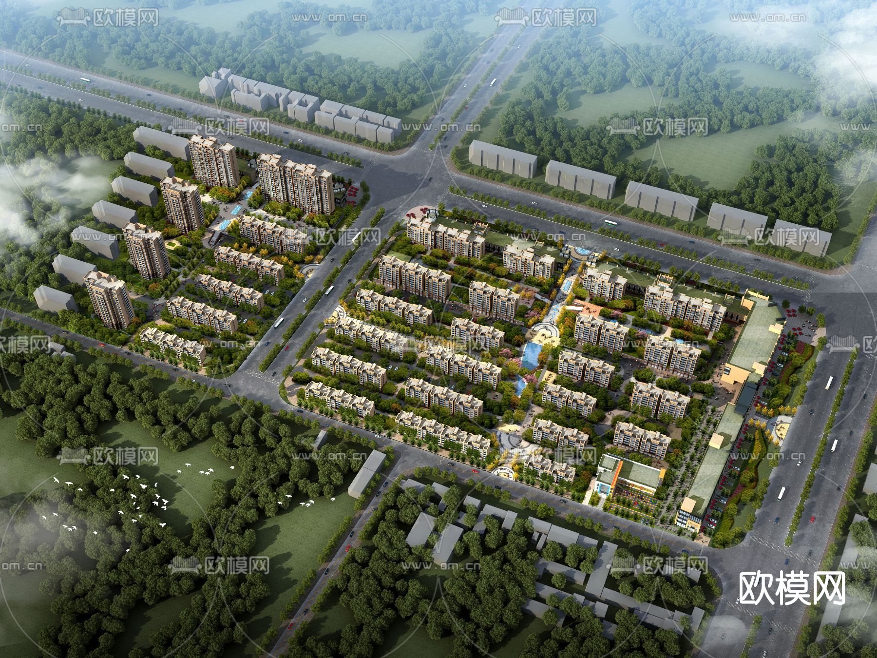 简欧住宅小区鸟瞰3d模型下载