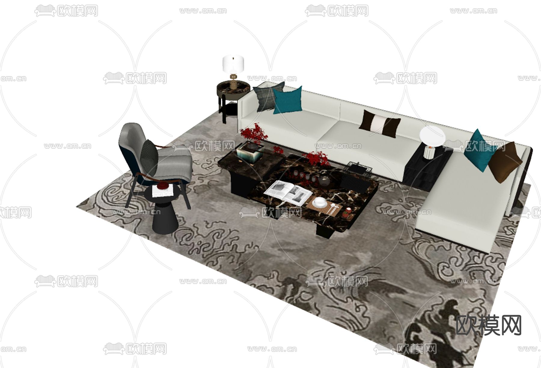 新中式布艺转角沙发su模型下载（渲染图2）