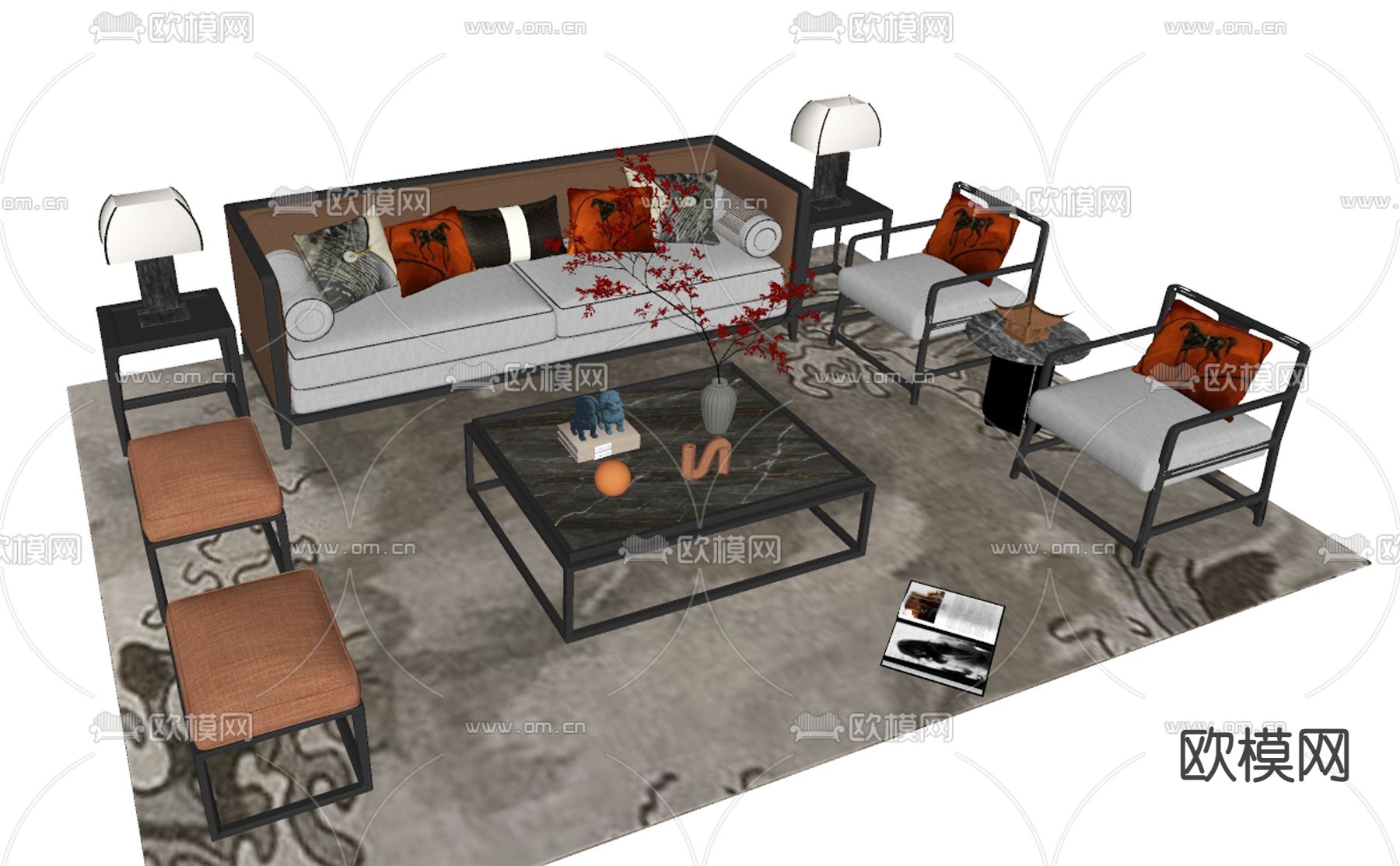 新中式沙发茶几组合su模型下载（渲染图2）