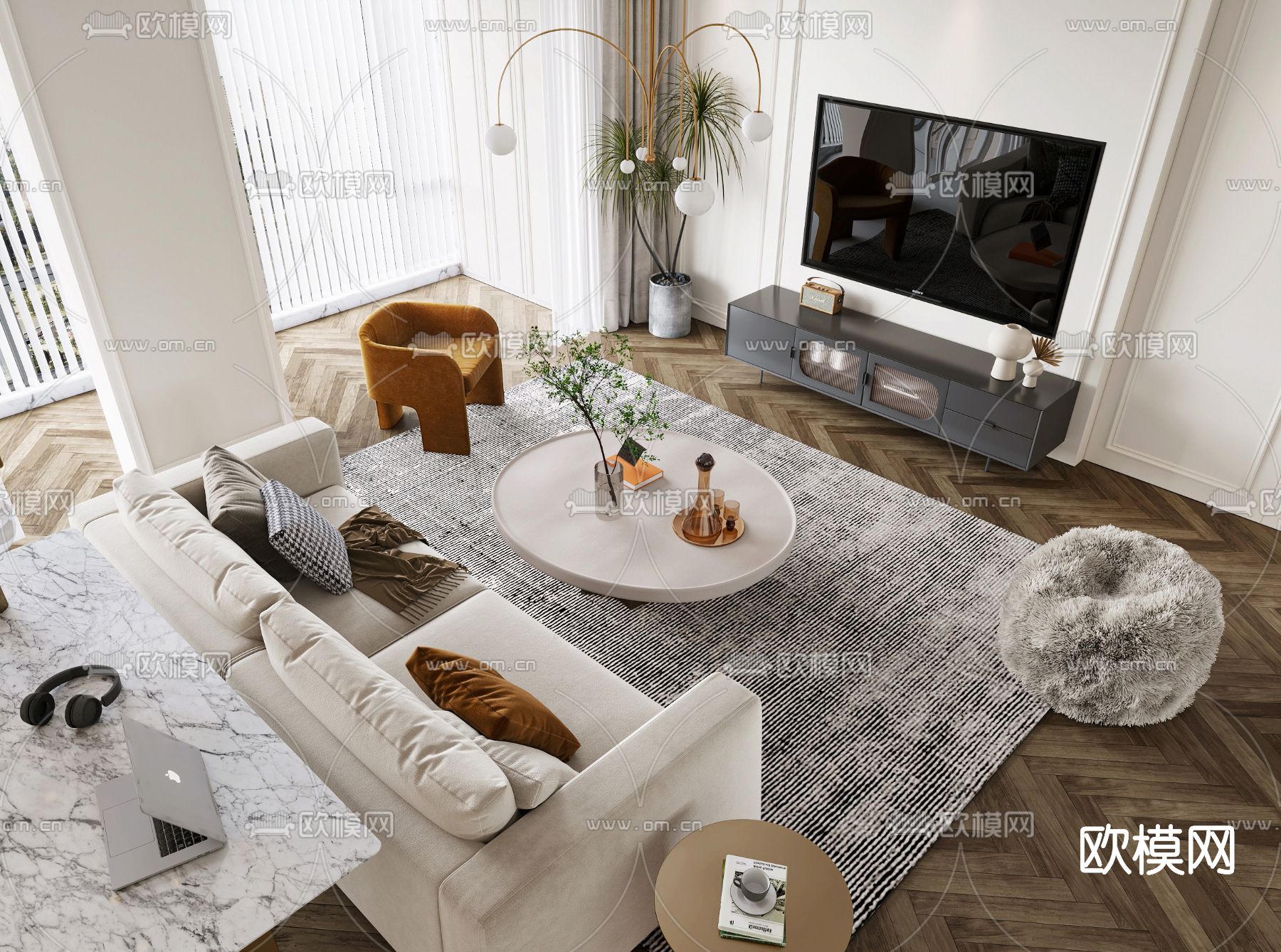 简欧轻奢客厅餐厅3d模型下载（渲染图3）