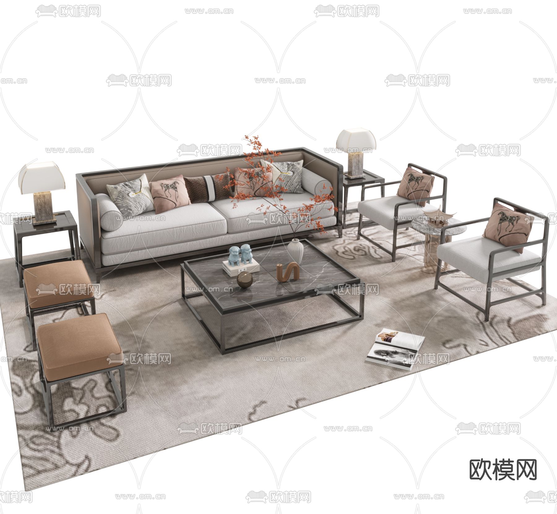 新中式沙发茶几组合su模型下载（渲染图1）