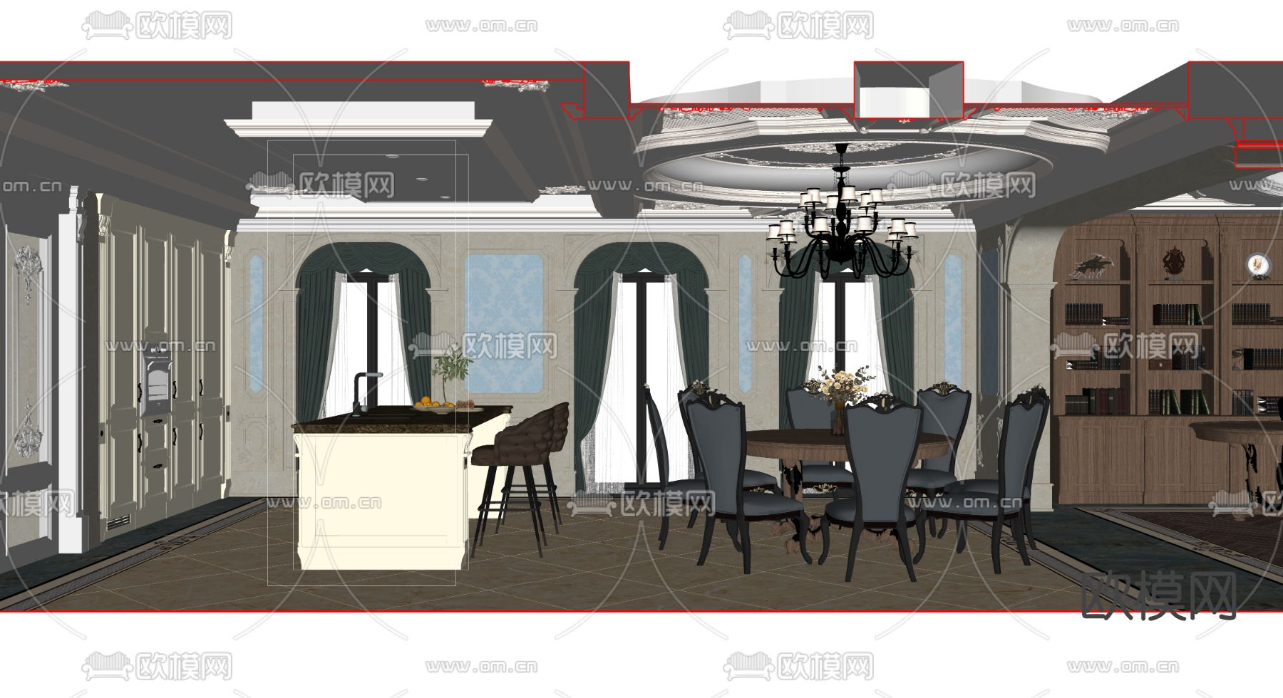欧式豪华餐厅su模型下载（渲染图2）