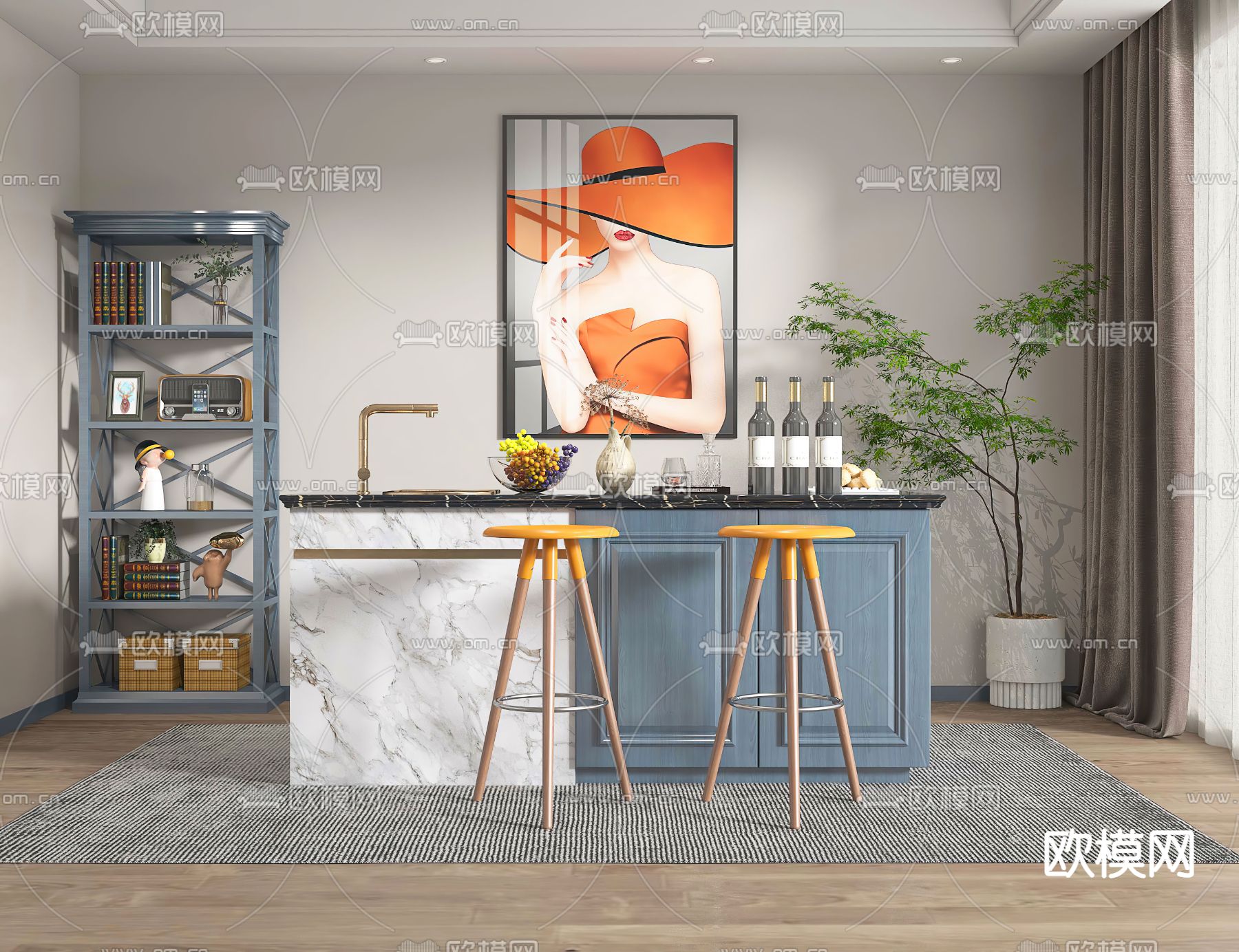 现代大理石吧台吧台椅3d模型下载（渲染图1）