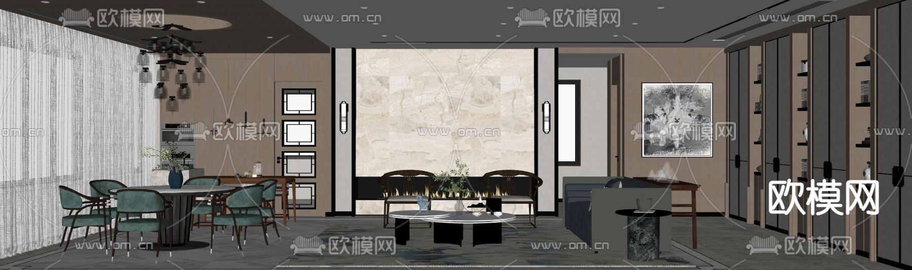 新中式客餐厅su模型下载（渲染图2）