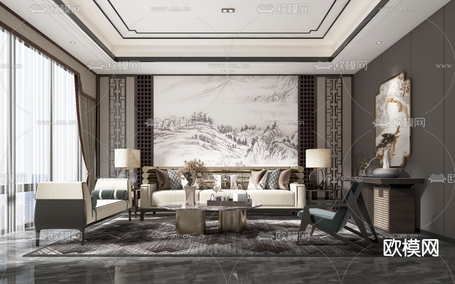 新中式布艺沙发组合3d模型下载