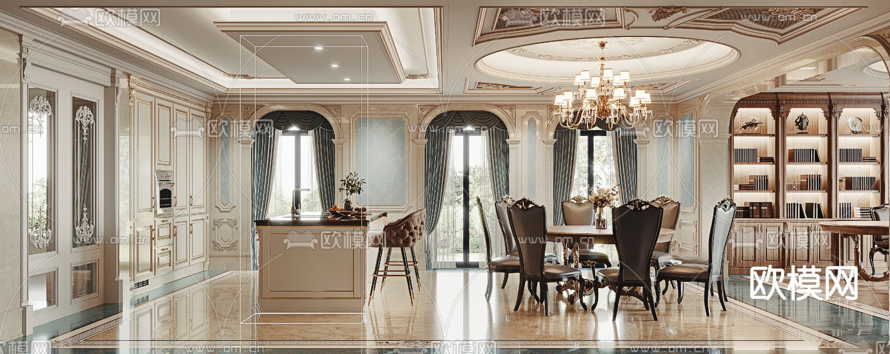欧式豪华餐厅su模型下载（渲染图1）