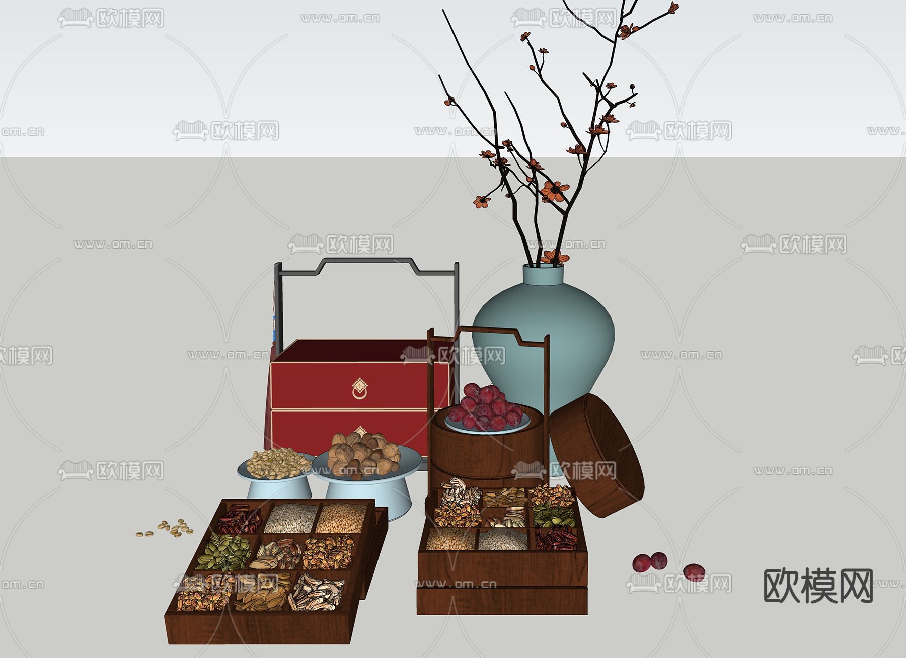 新中式干果食盒su模型下载（渲染图2）