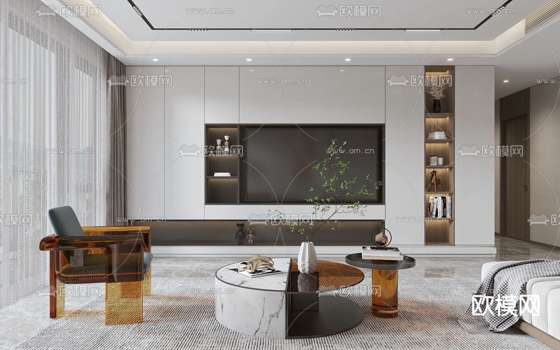 现代客厅餐厅3d模型下载（渲染图2）