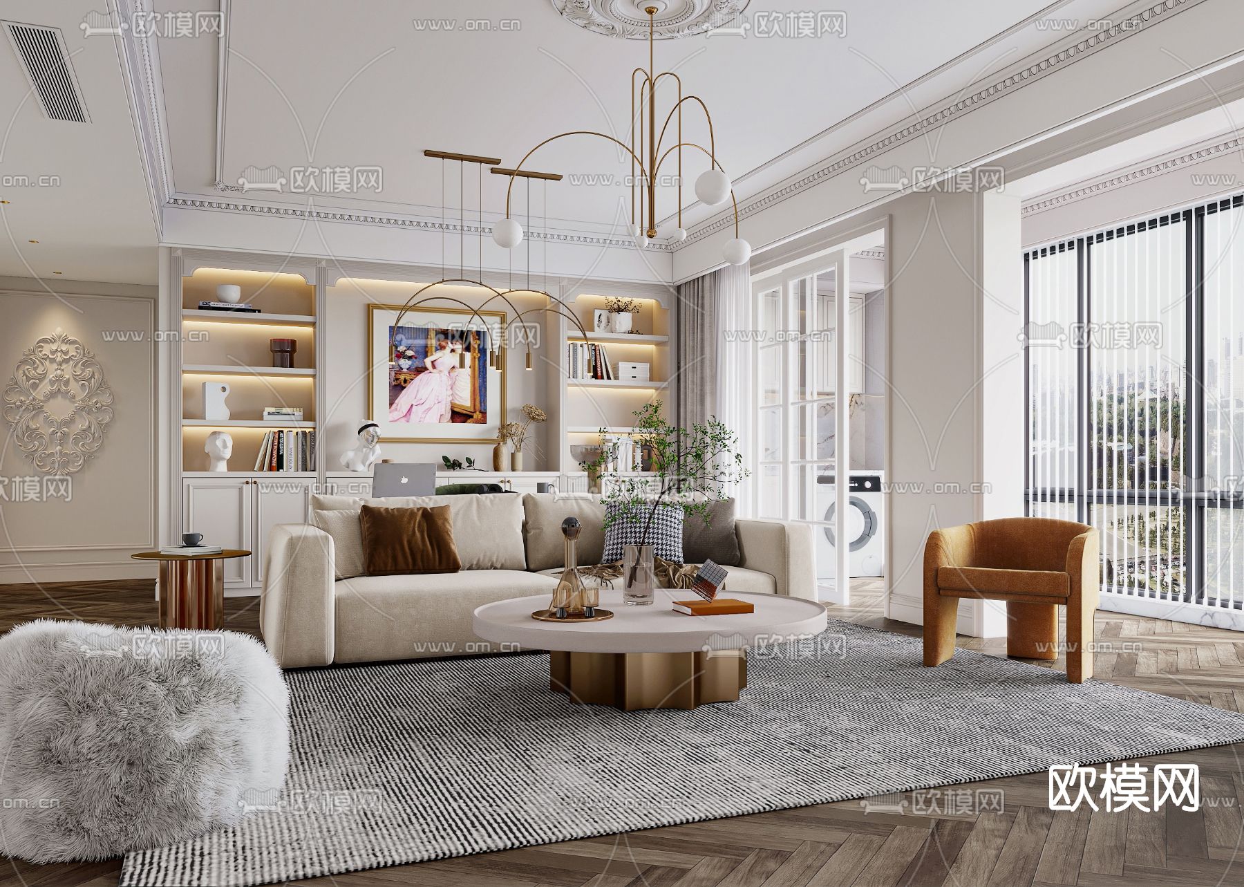 简欧轻奢客厅餐厅3d模型下载（渲染图2）