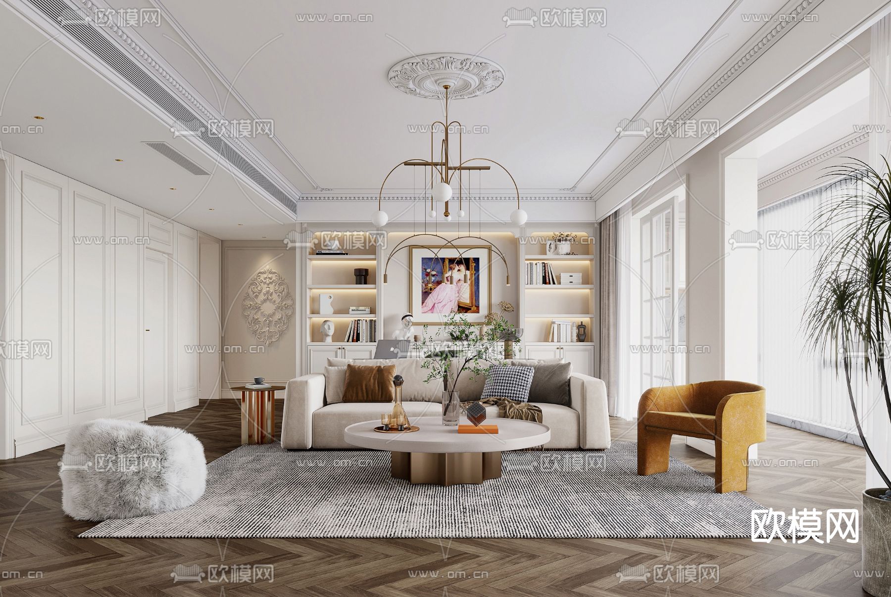 简欧轻奢客厅餐厅3d模型下载（渲染图1）