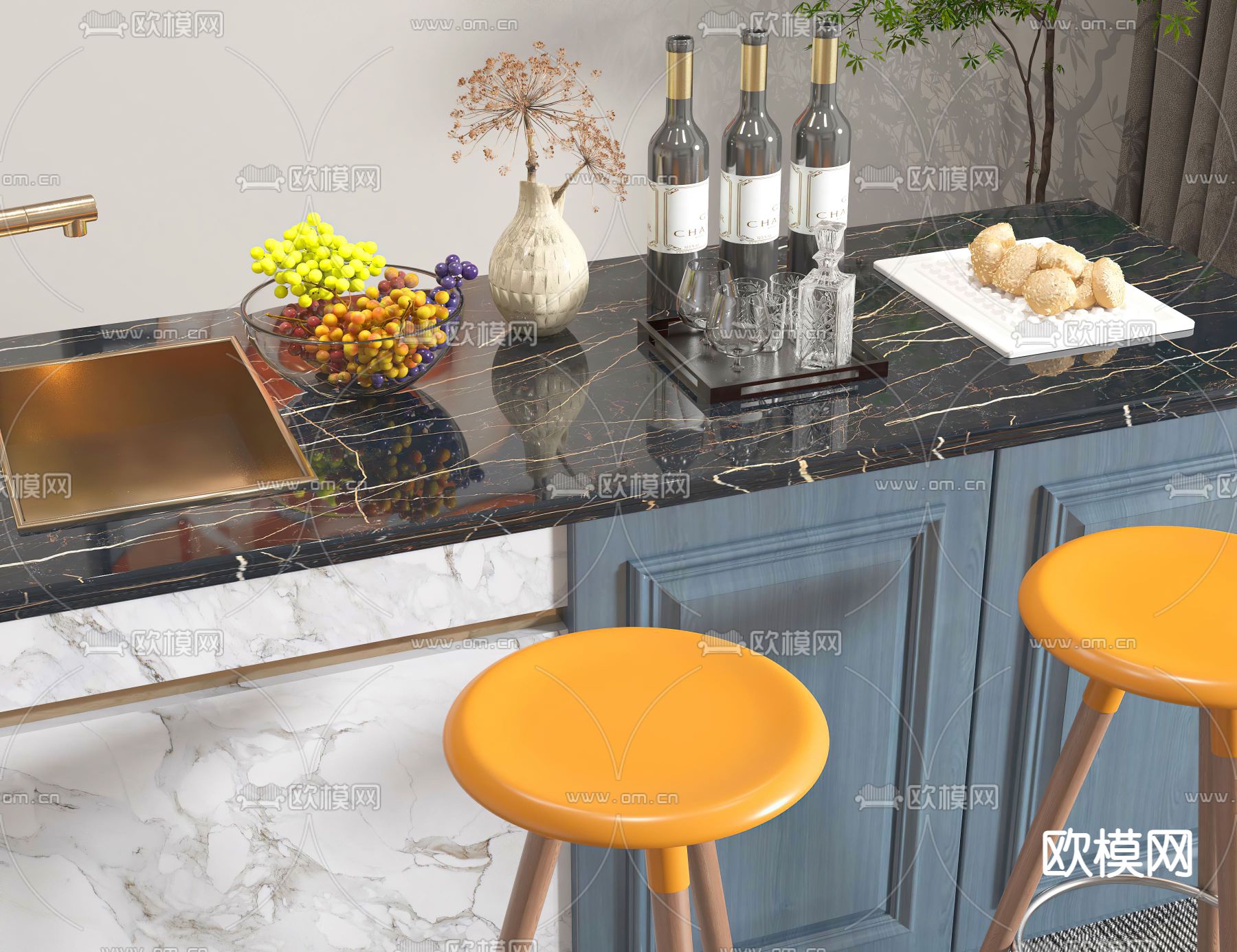 现代大理石吧台吧台椅3d模型下载（渲染图2）