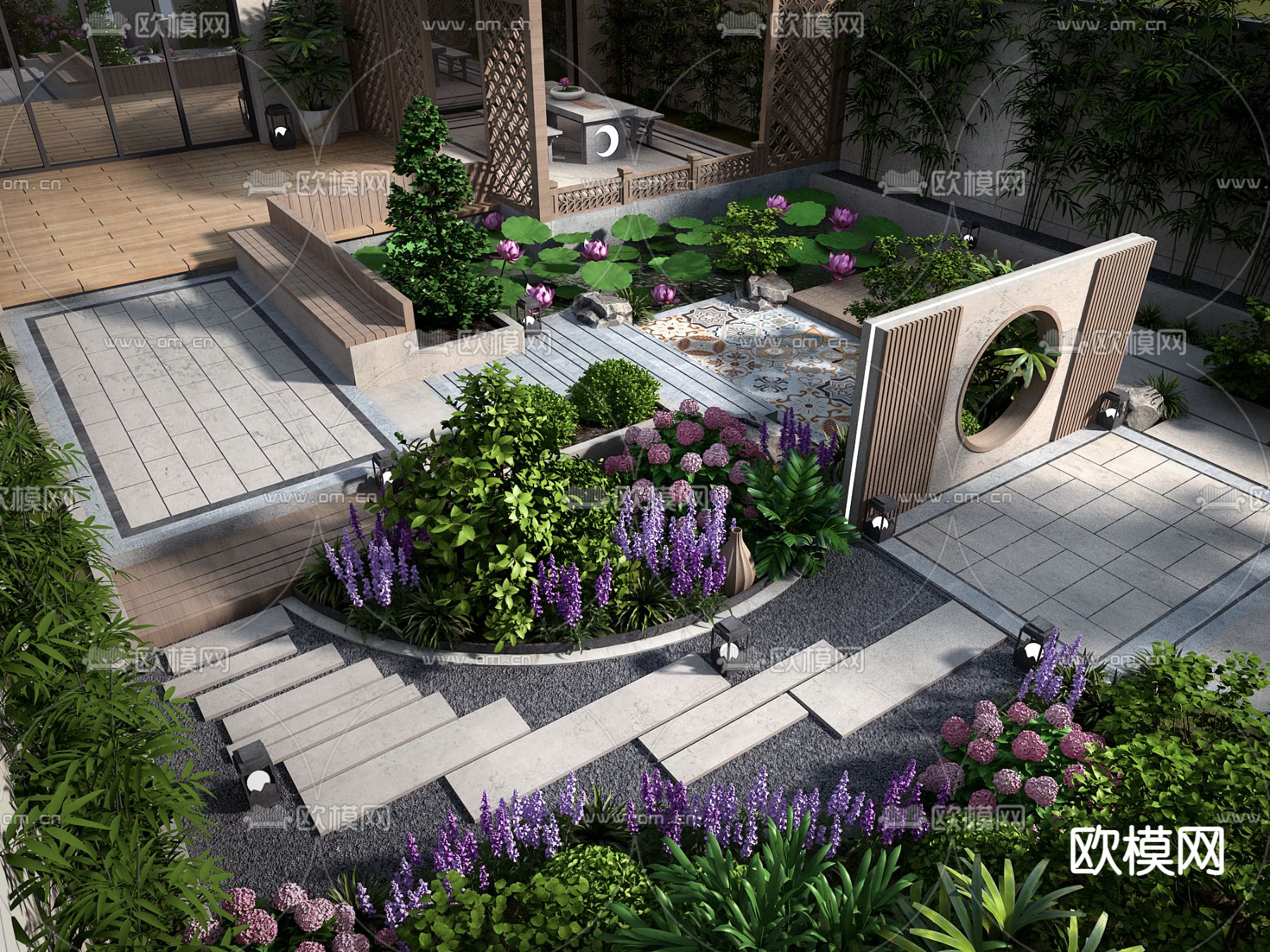 新中式别墅庭院3d模型下载