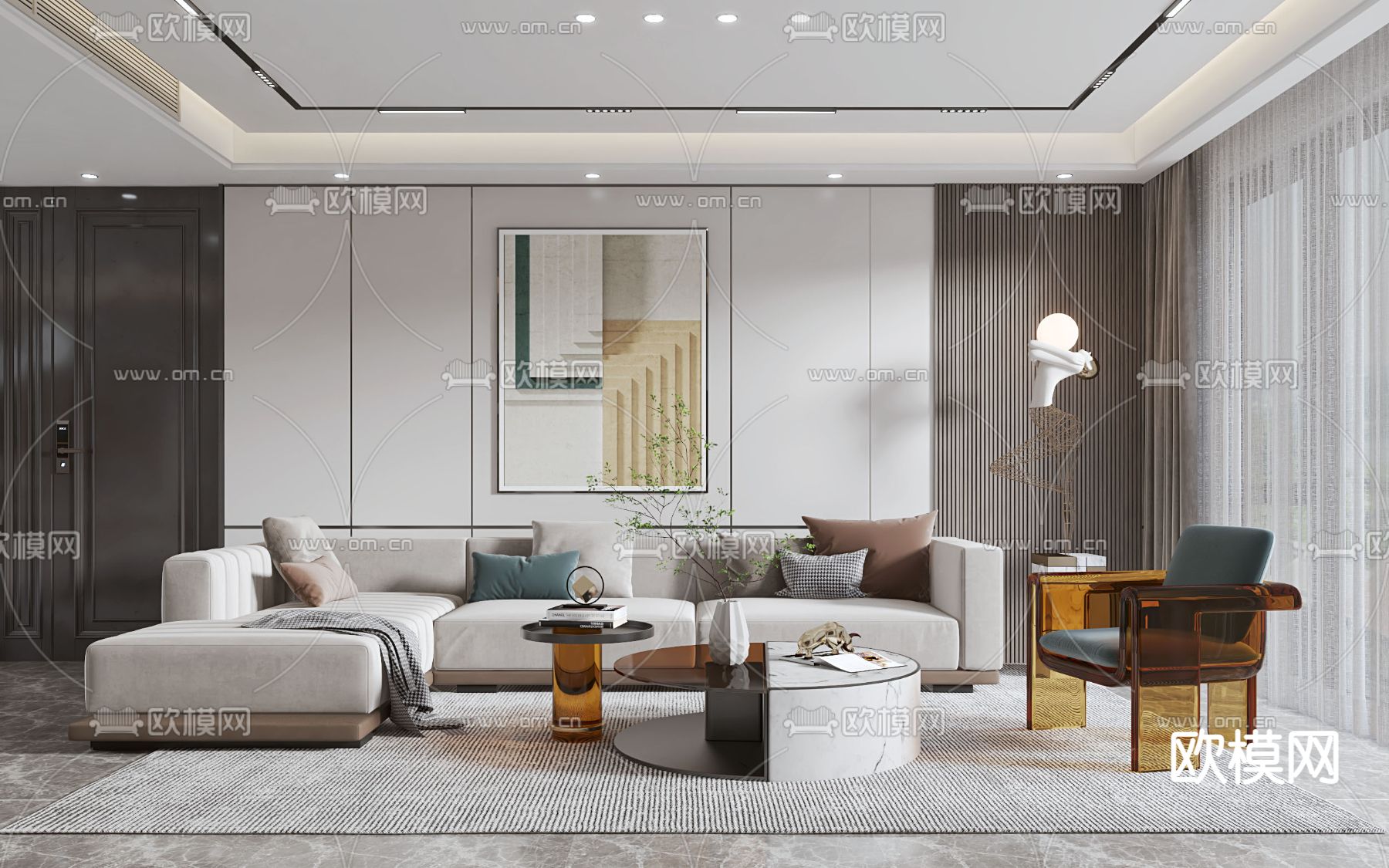 现代客厅餐厅3d模型下载（渲染图1）