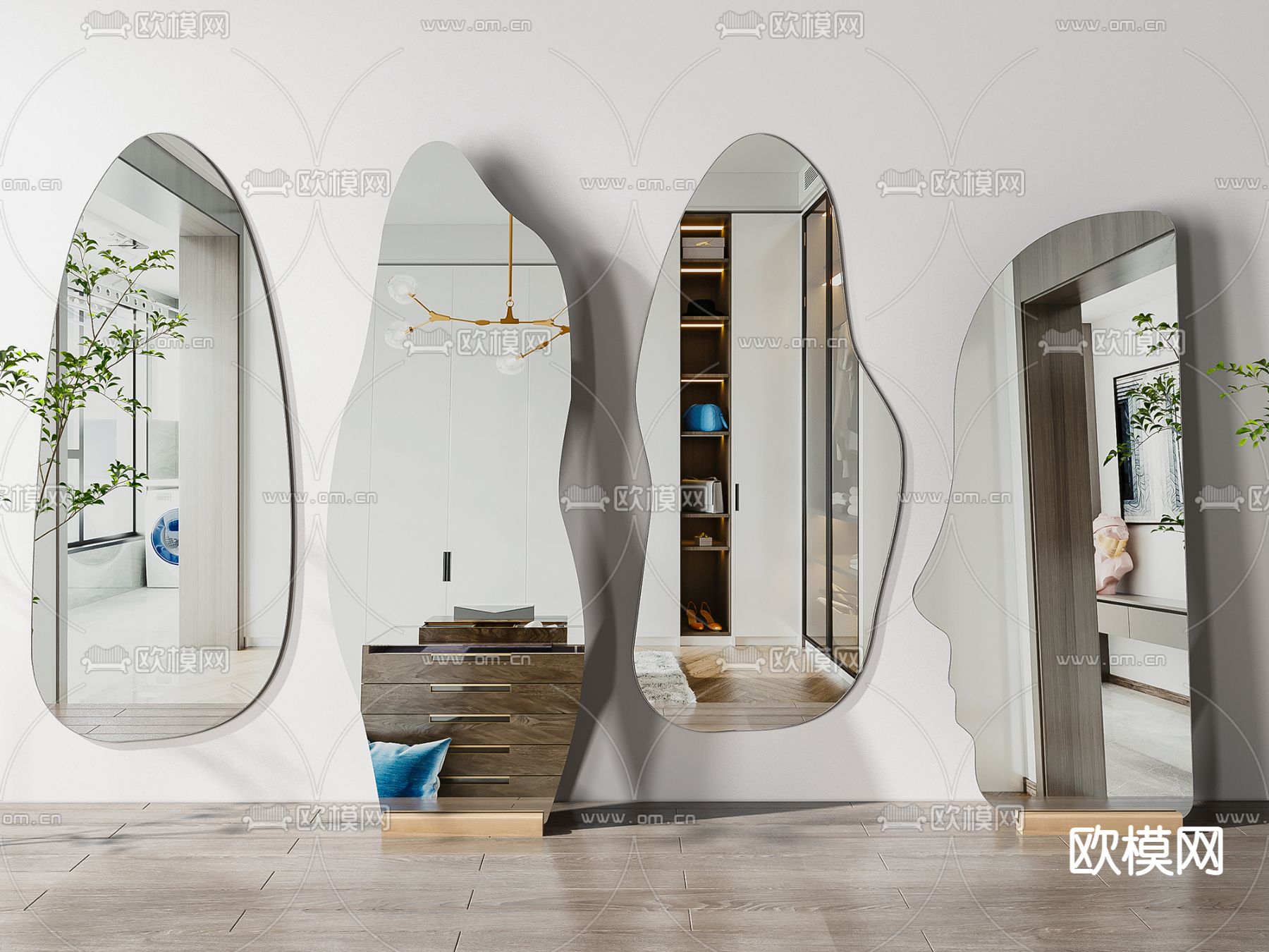 现代不规则穿衣镜全身镜3d模型下载（渲染图1）