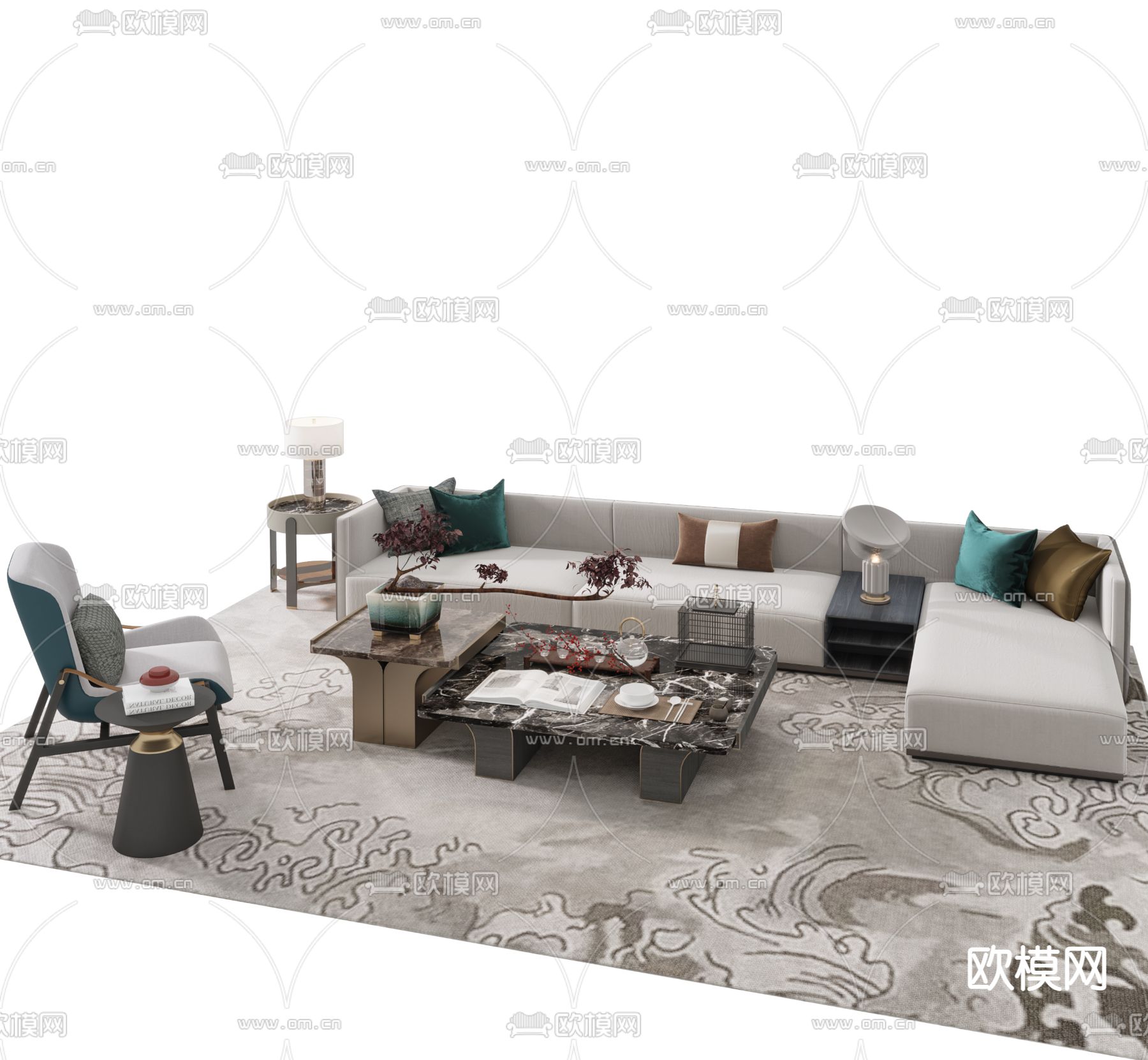 新中式布艺转角沙发su模型下载（渲染图1）