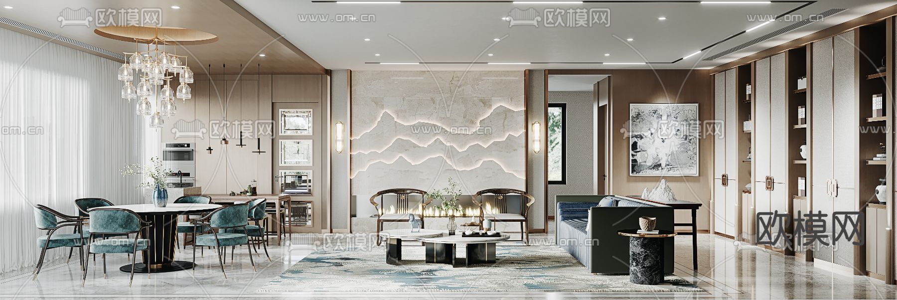 新中式客餐厅su模型下载（渲染图1）