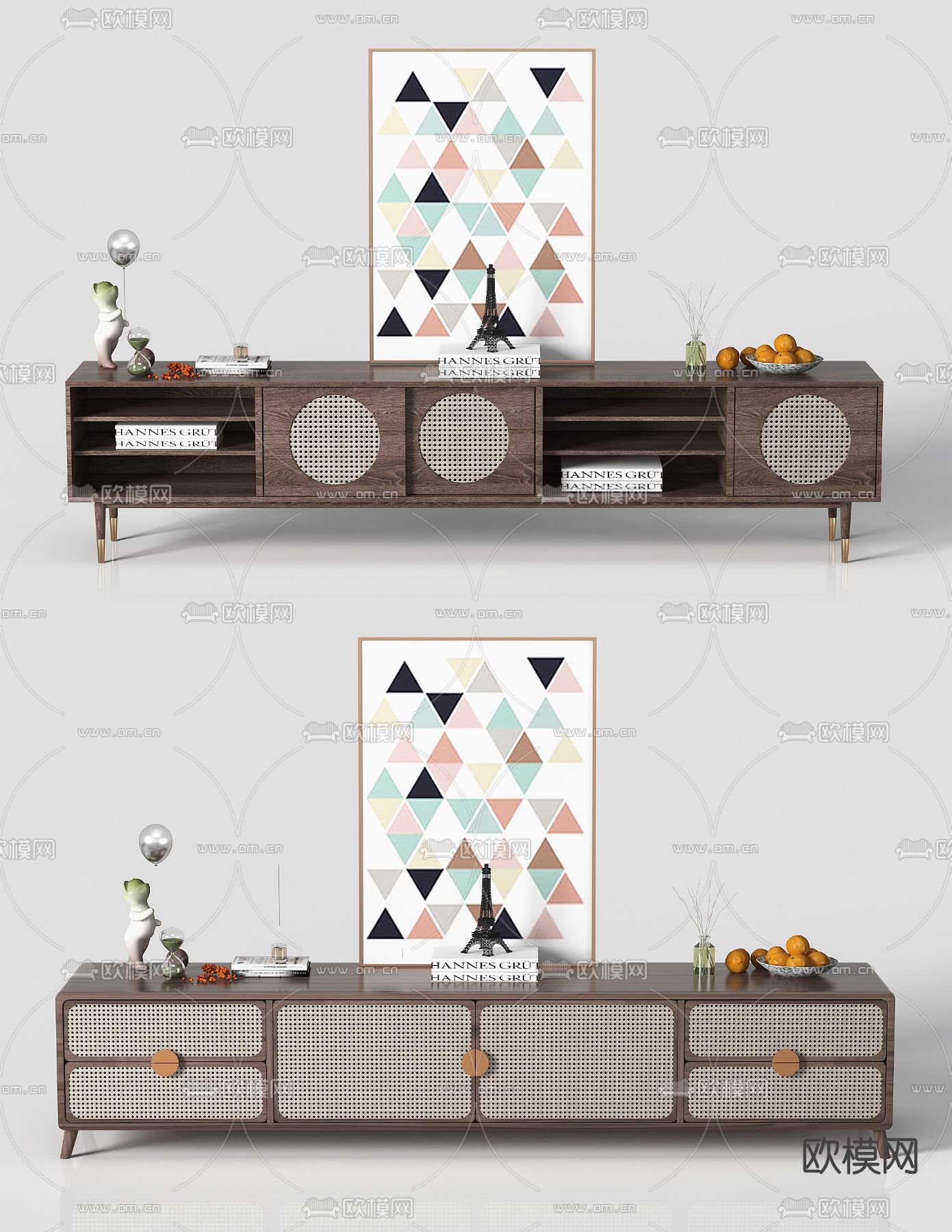 北欧原木藤编电视柜3d模型下载