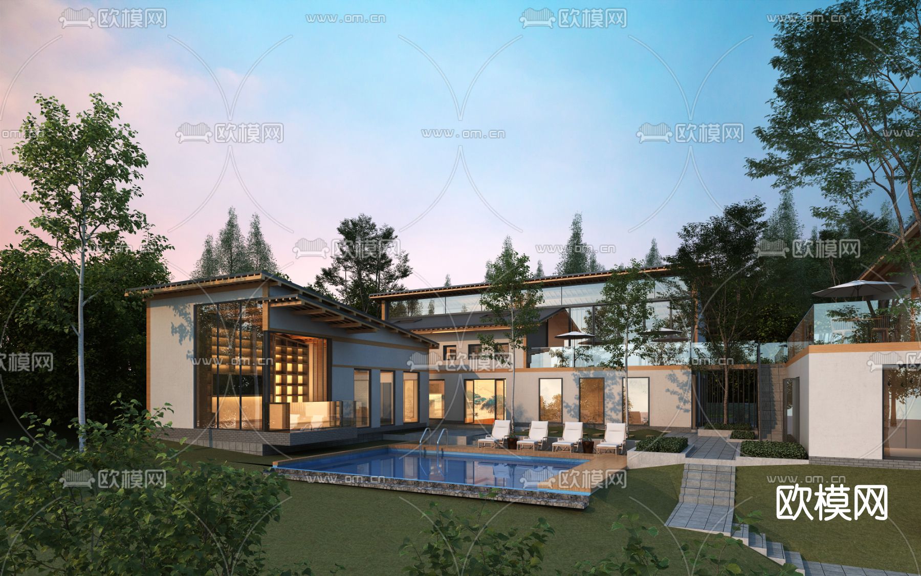 新中式民宿酒店外观3d模型下载