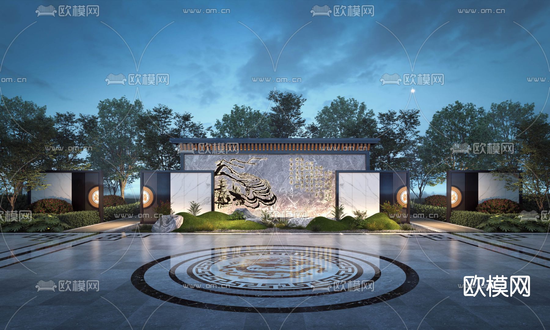 新中式景墙园艺小品3d模型下载