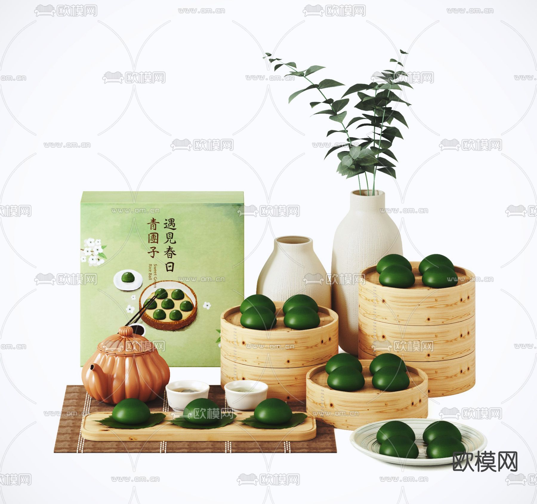 中式清明青团美食甜点3d模型