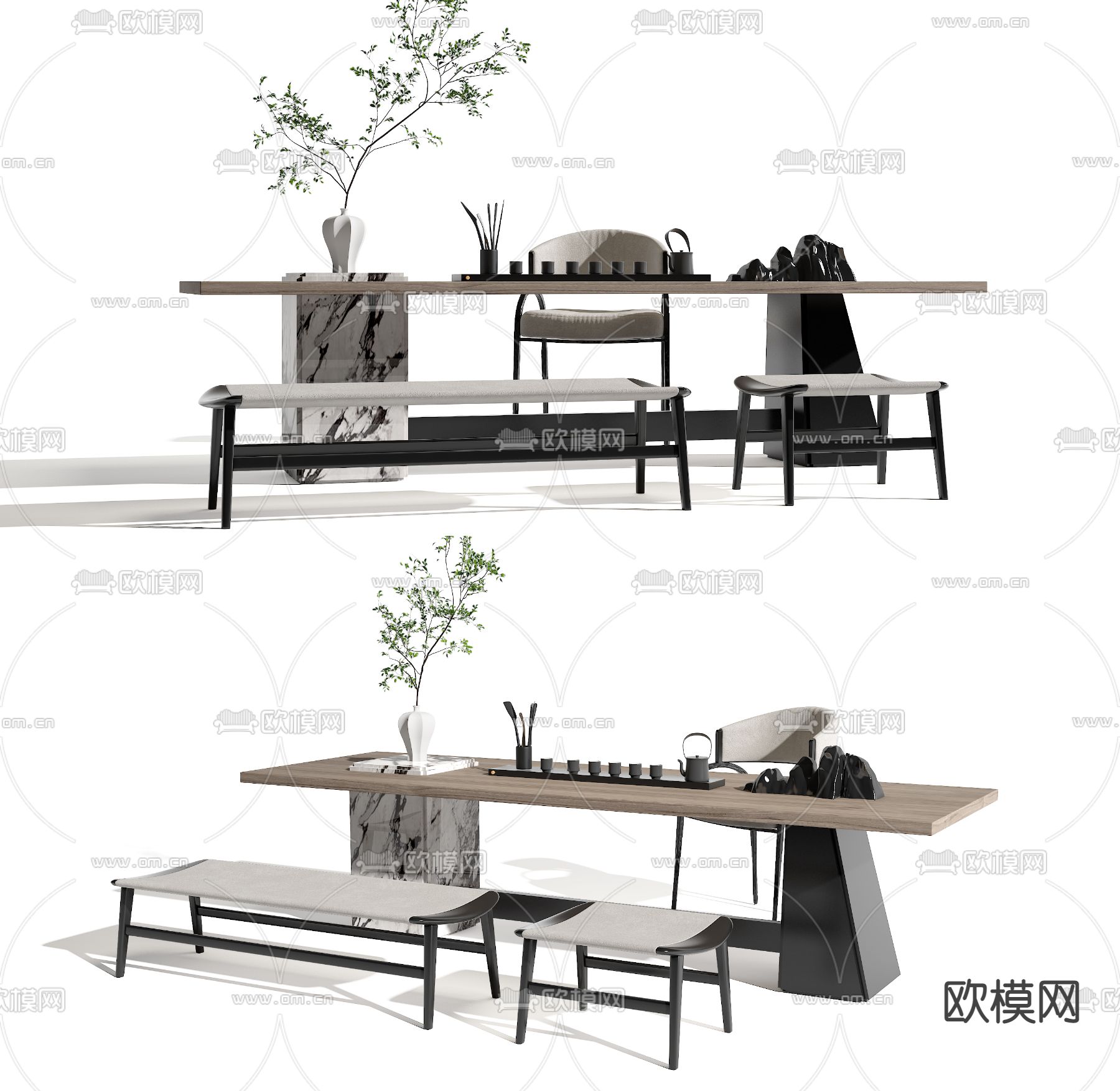 现代实木茶桌椅su模型下载（渲染图1）