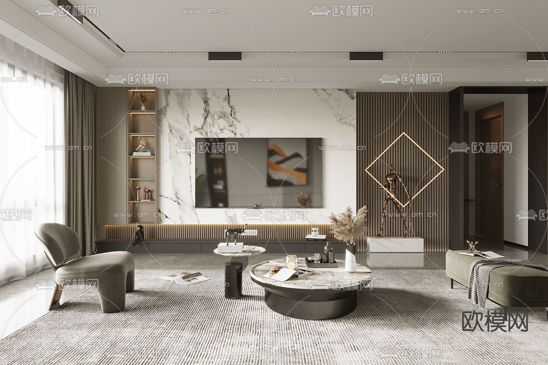 现代轻奢客厅3d模型下载（渲染图2）