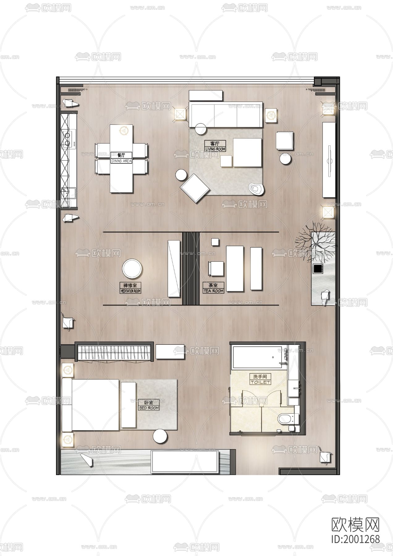 140㎡大平层家装cad施工图下载（渲染图1）