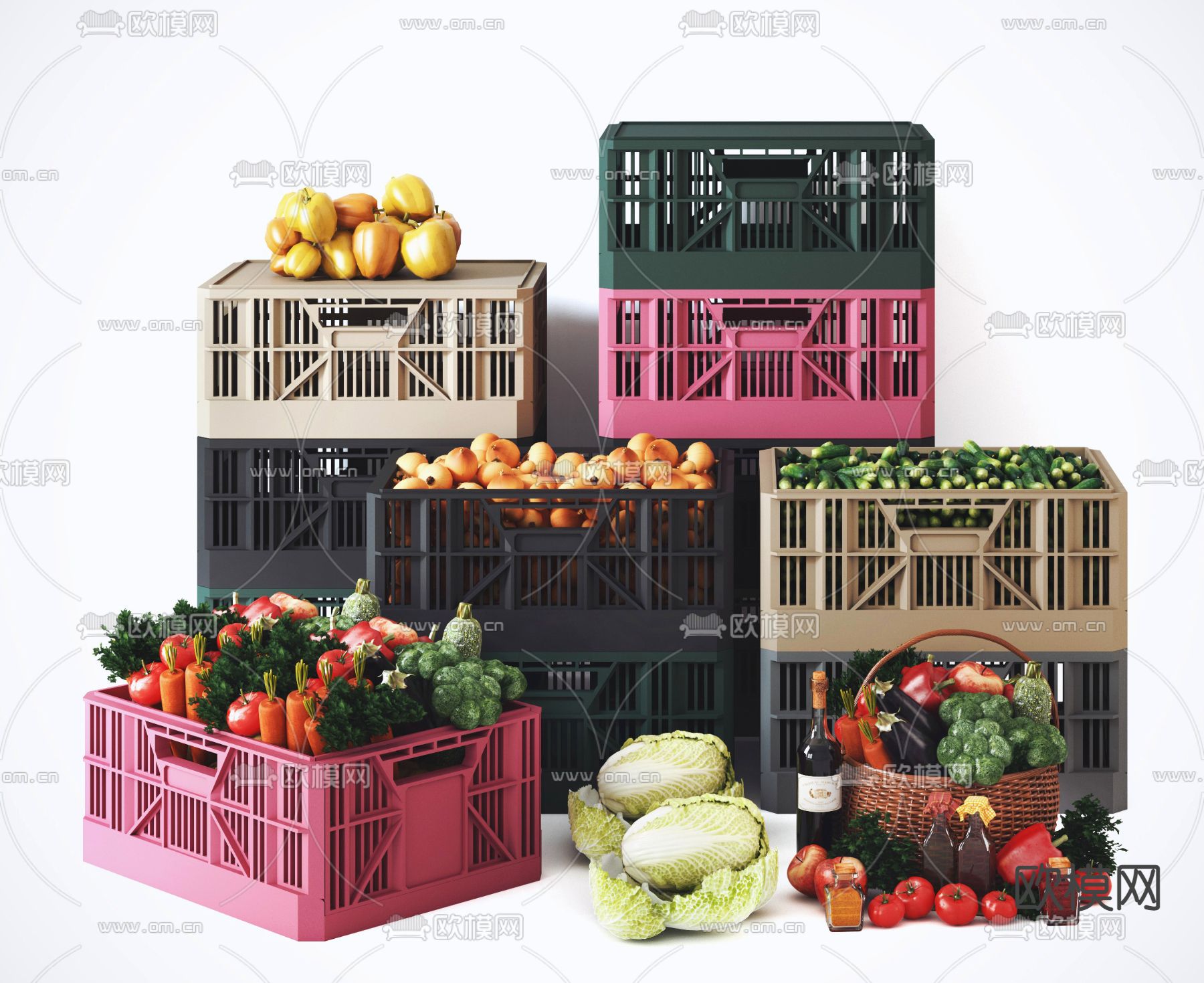 现代水果蔬菜塑料篮子3d模型下载