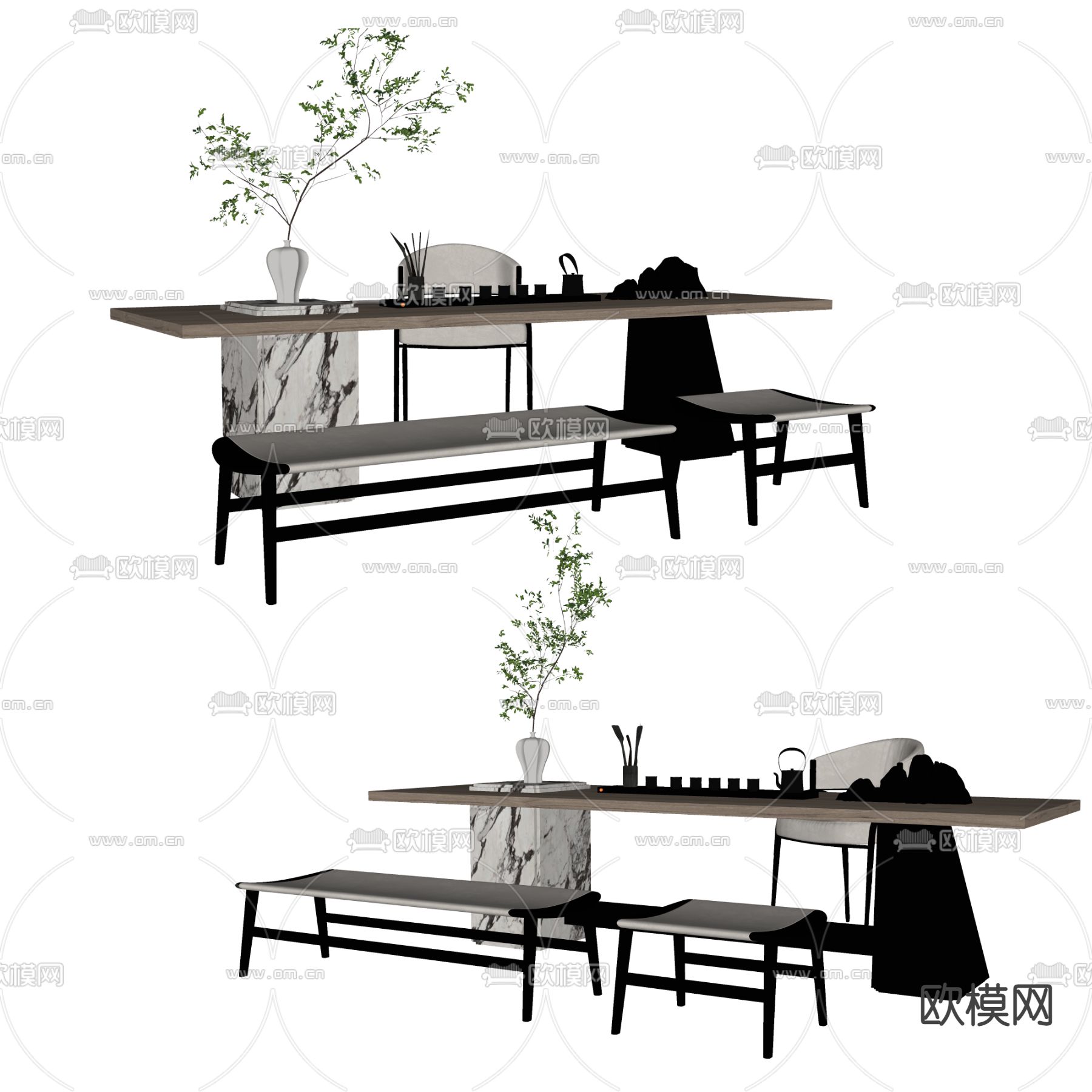 现代实木茶桌椅su模型下载（渲染图2）