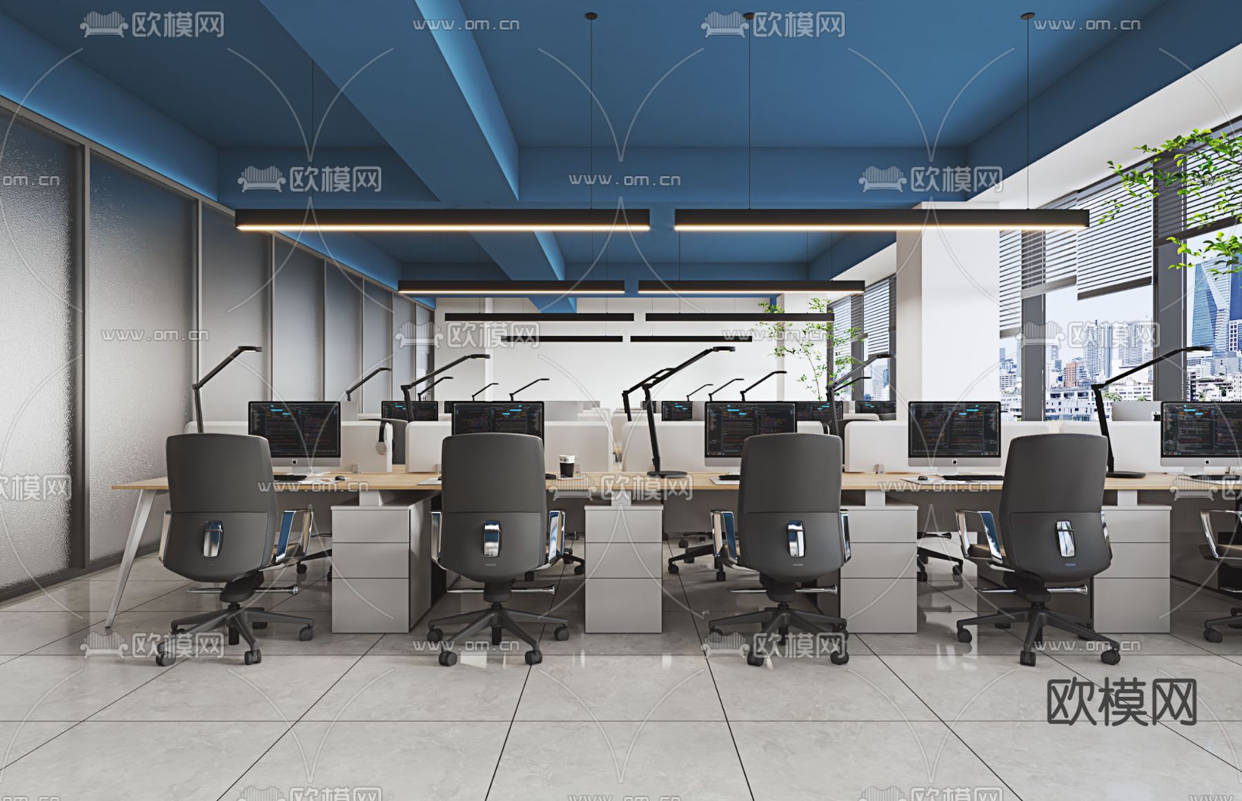 现代敞开式办公区3d模型下载_ID11841049_3dmax免费模型-欧模网