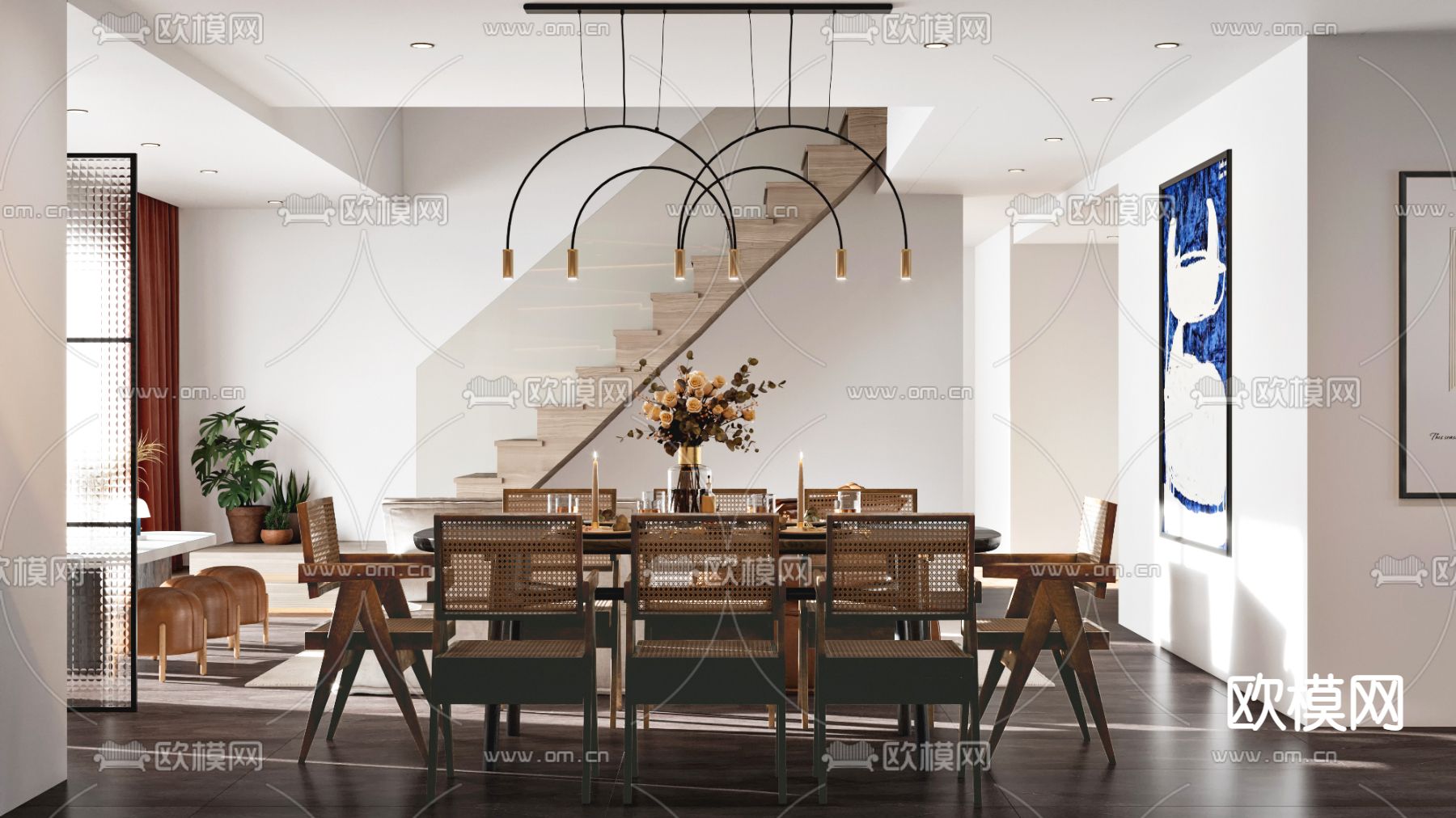 现代挑空别墅客餐厅3d模型下载（渲染图2）