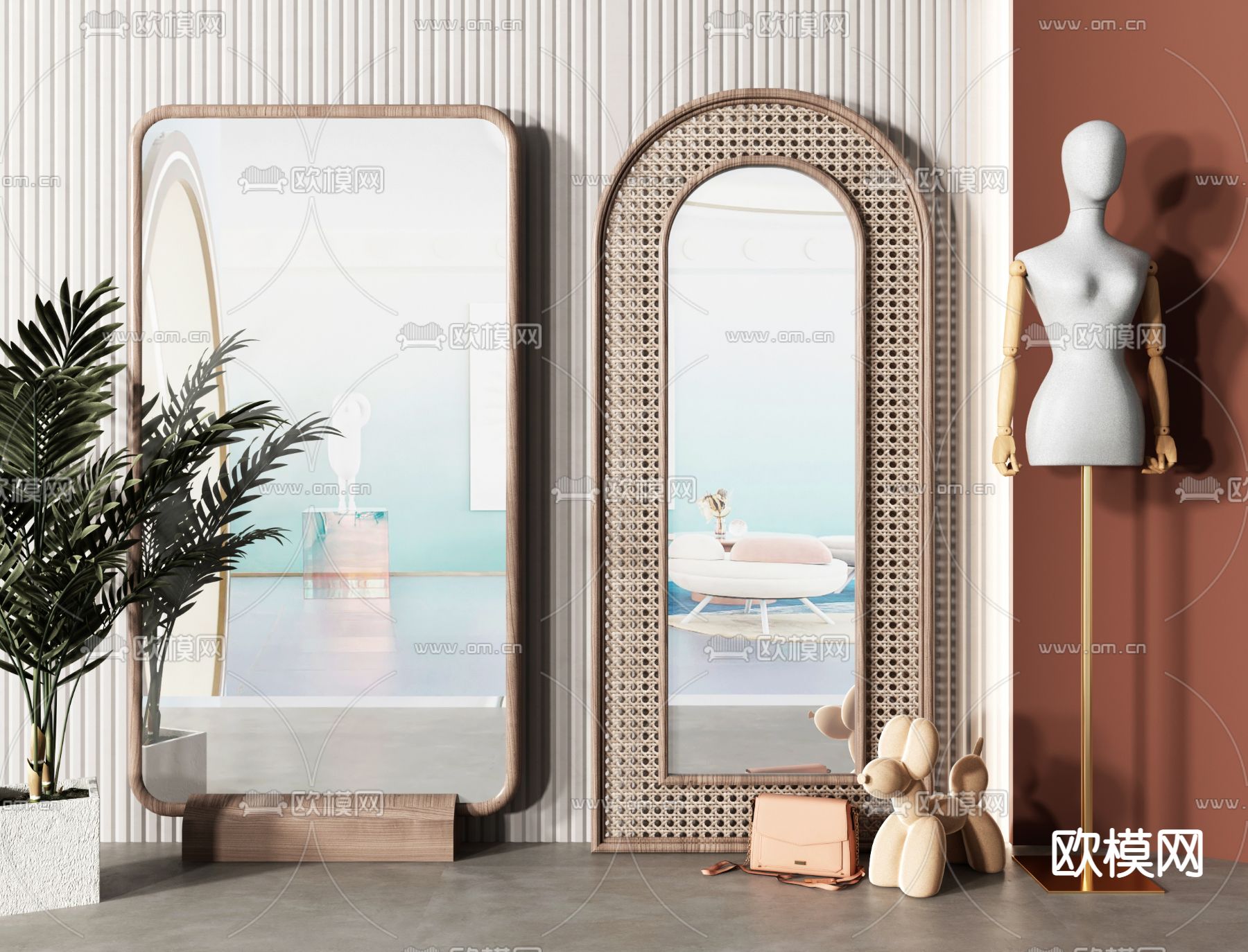 现代实木落地镜全身镜3d模型下载