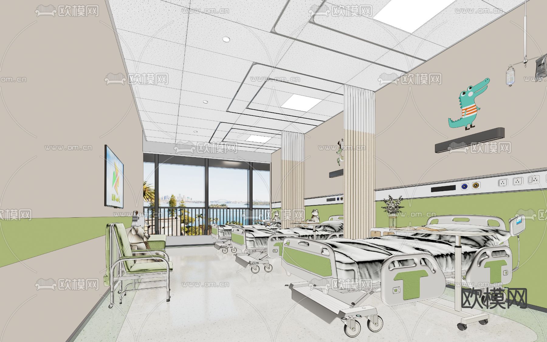 现代医院病房su模型下载（渲染图2）