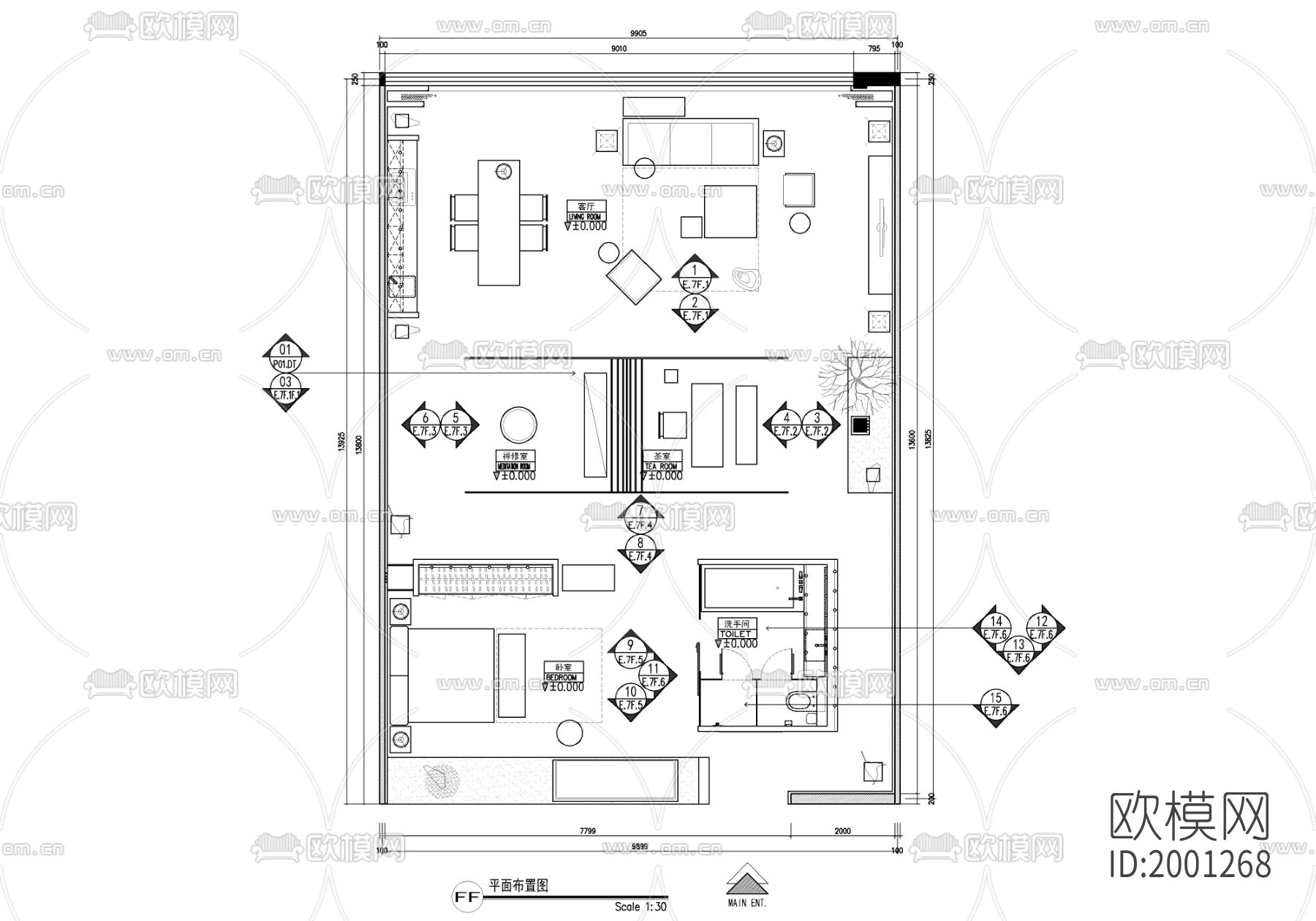 140㎡大平层家装cad施工图下载（渲染图2）