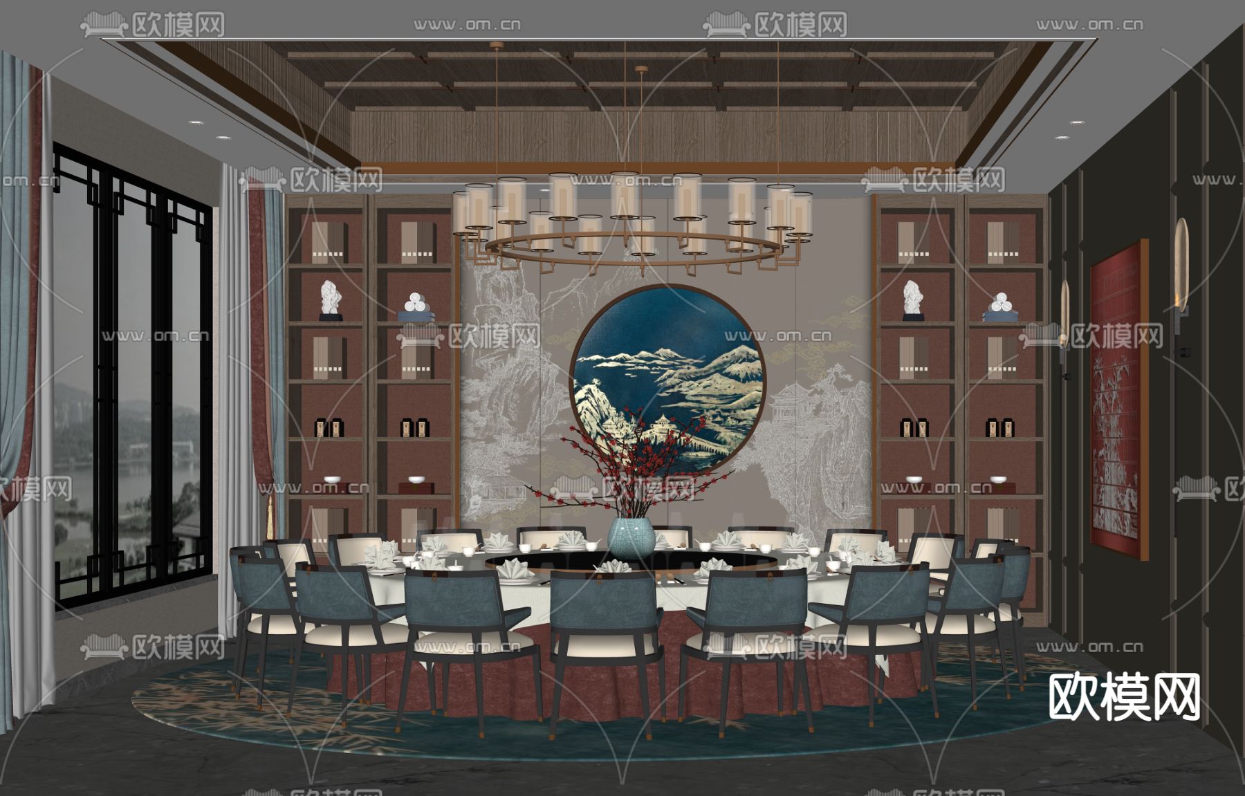 新中式包厢su模型下载（渲染图2）