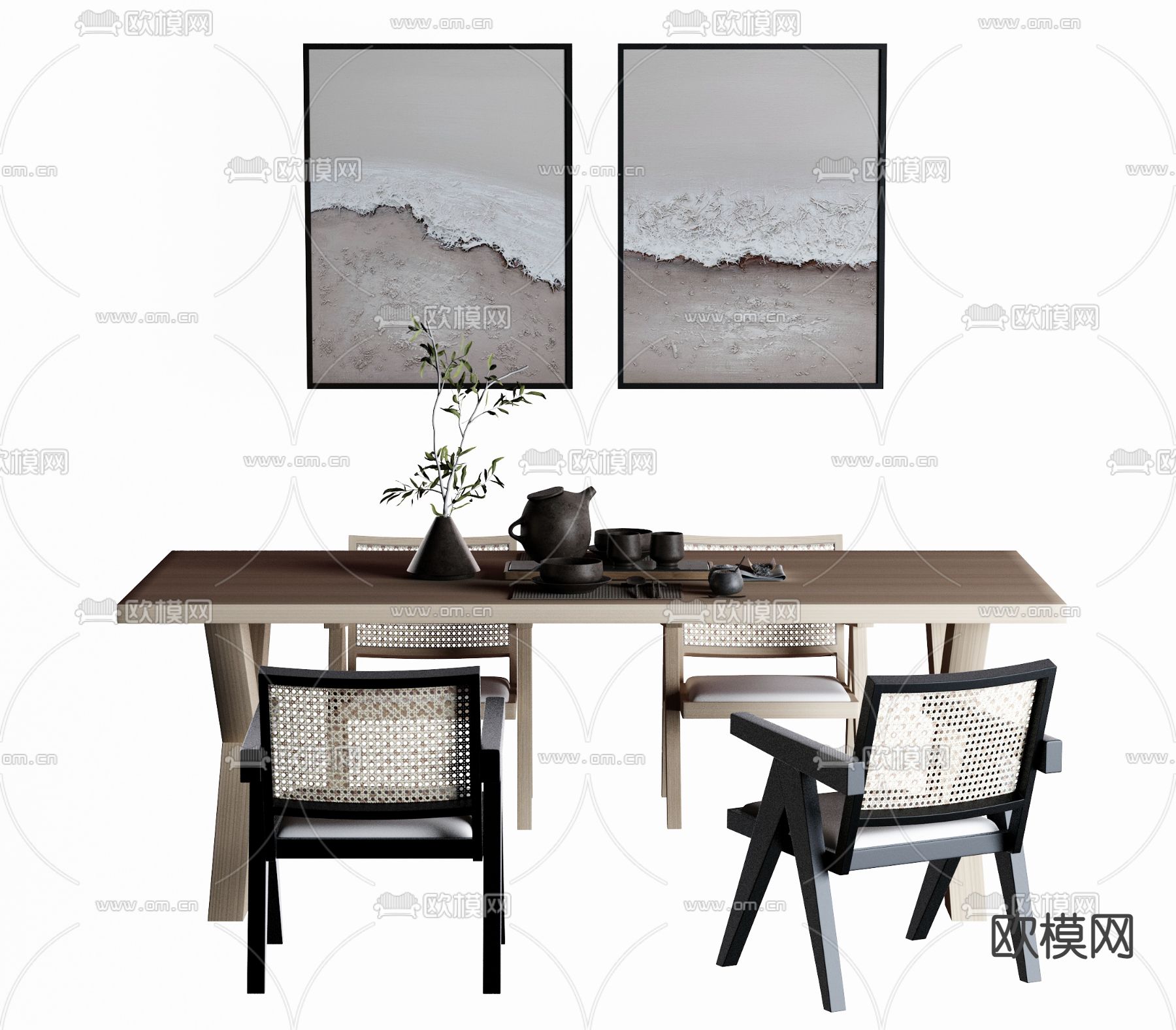 侘寂风实木茶桌椅免费3d模型下载
