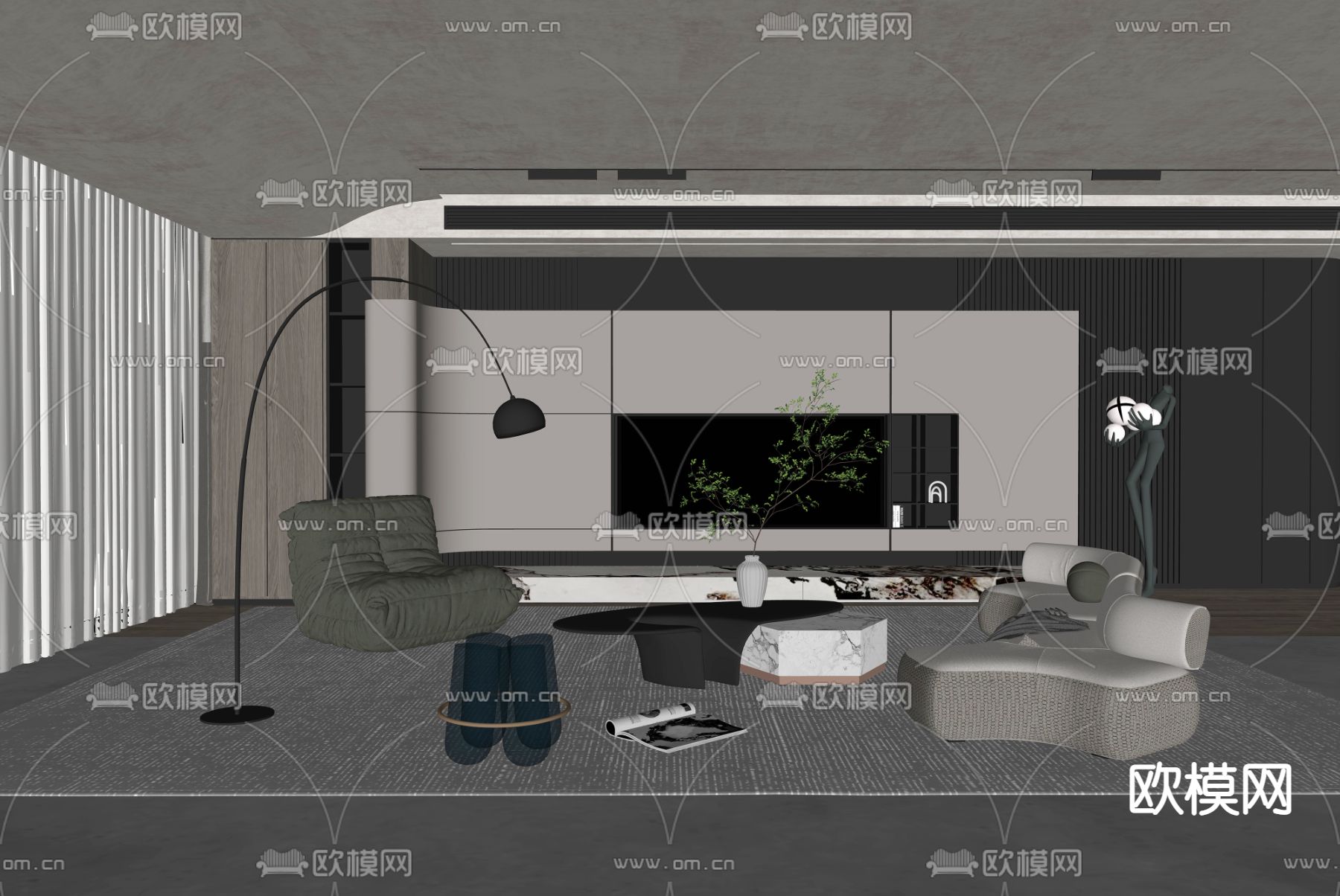 现代布艺沙发组合su模型
