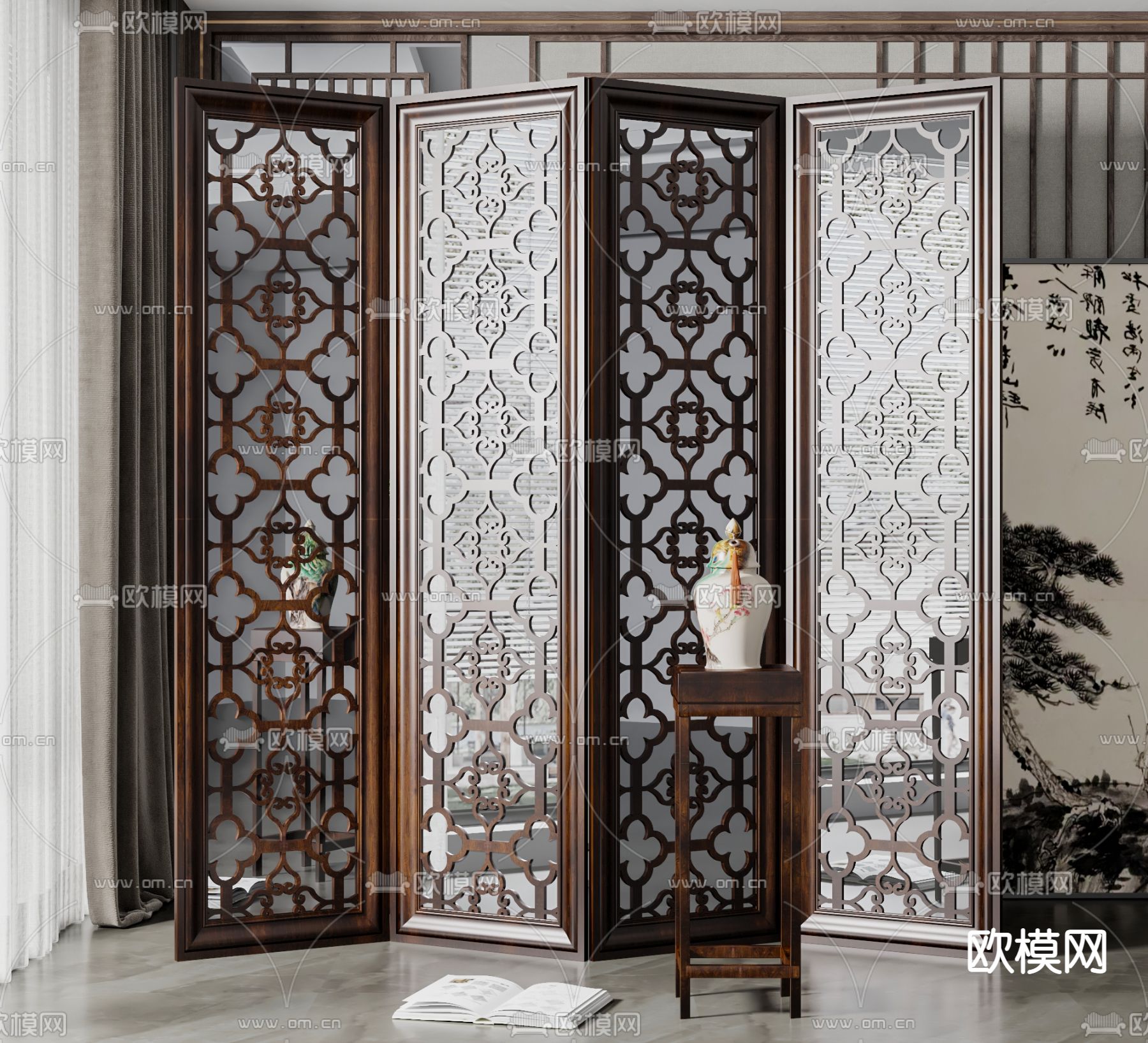 中式雕花屏风隔断3d模型下载