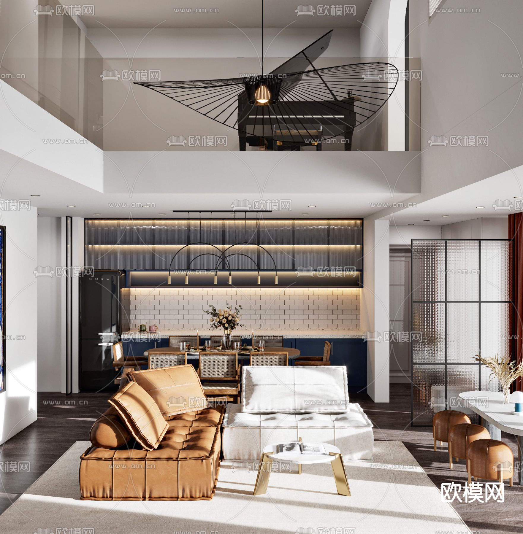 现代挑空别墅客餐厅3d模型下载（渲染图1）